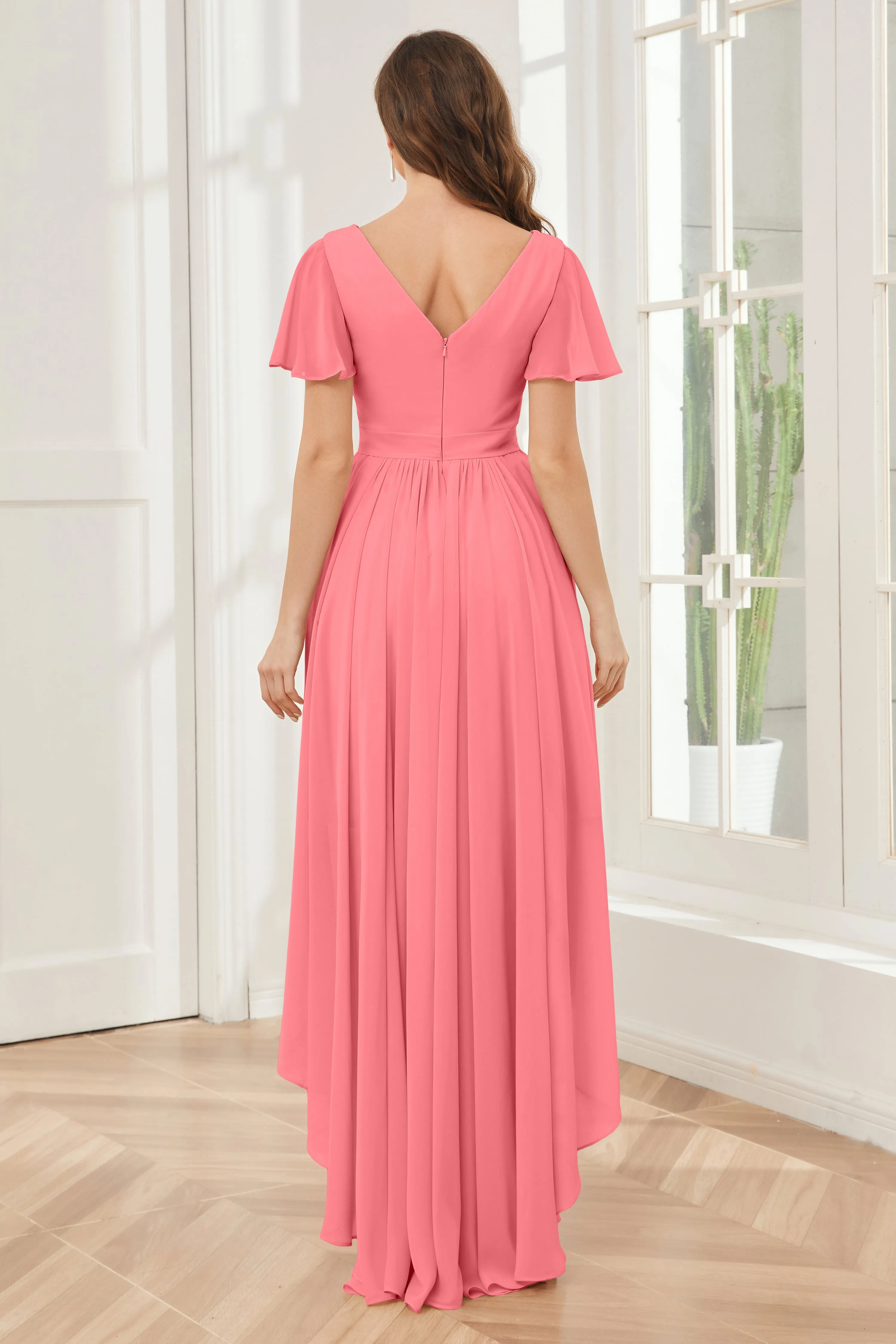 A-line Short Sleeves High Low Chiffon Bridesmaid Dresses