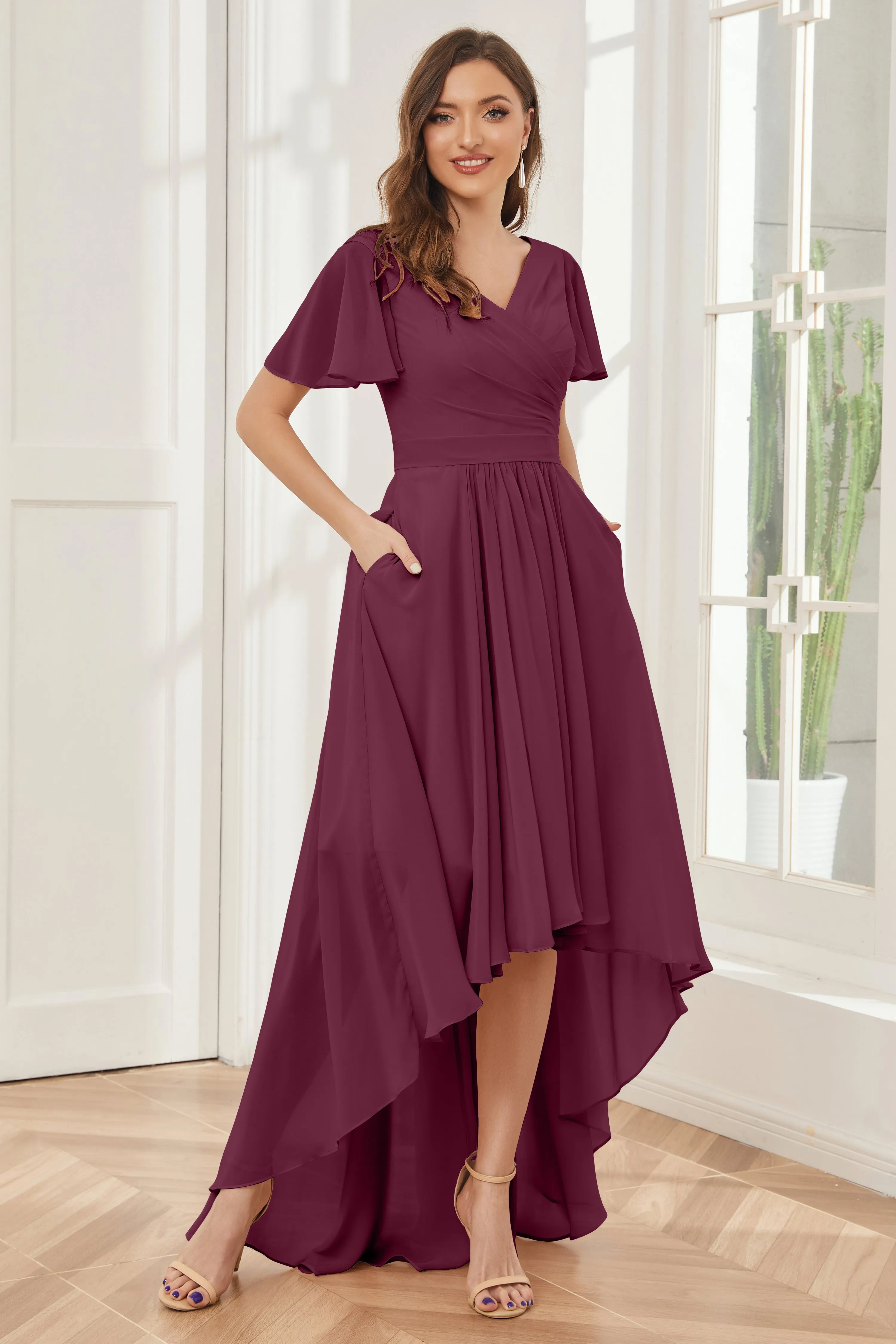 A-line Short Sleeves High Low Chiffon Bridesmaid Dresses