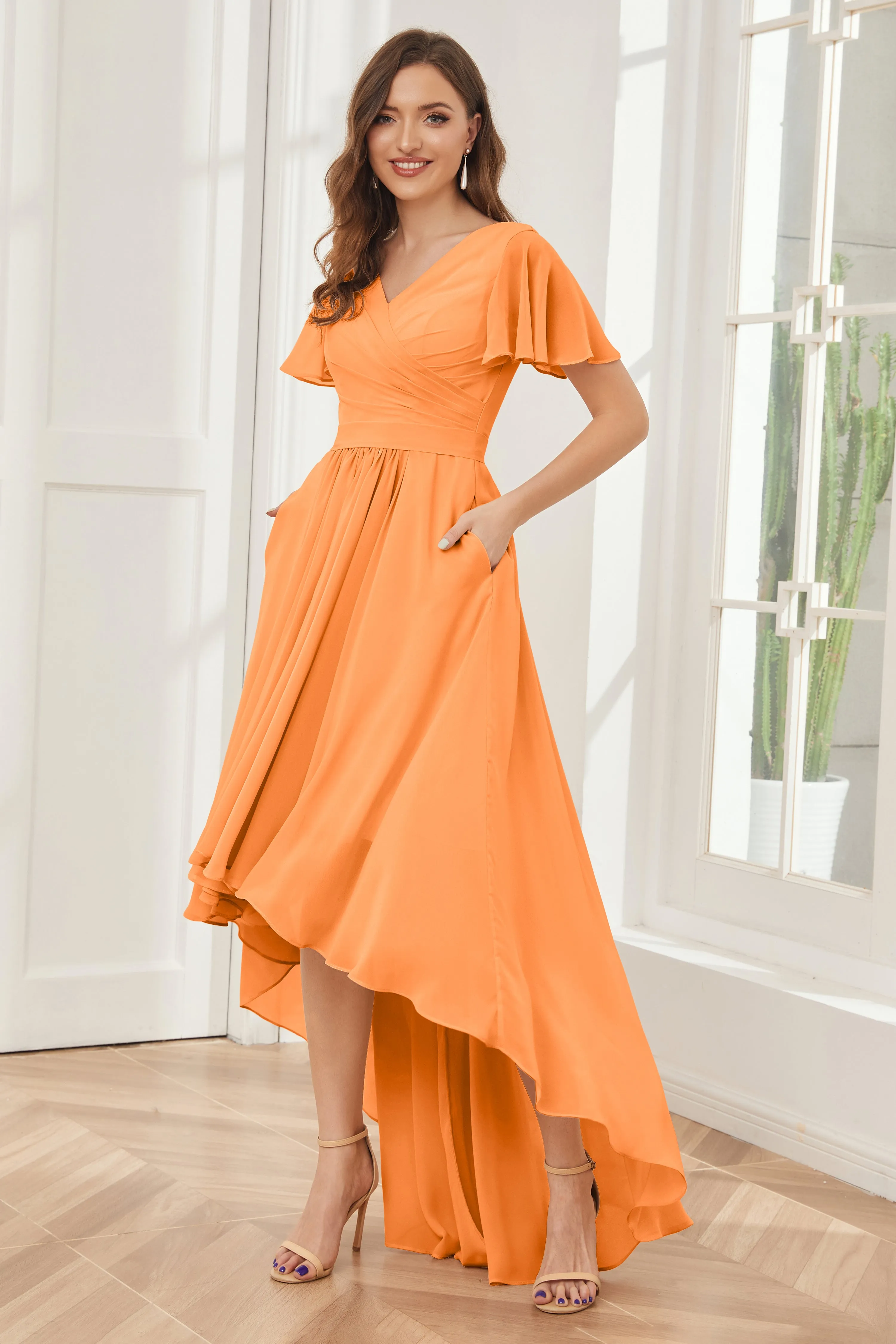 A-line Short Sleeves High Low Chiffon Bridesmaid Dresses