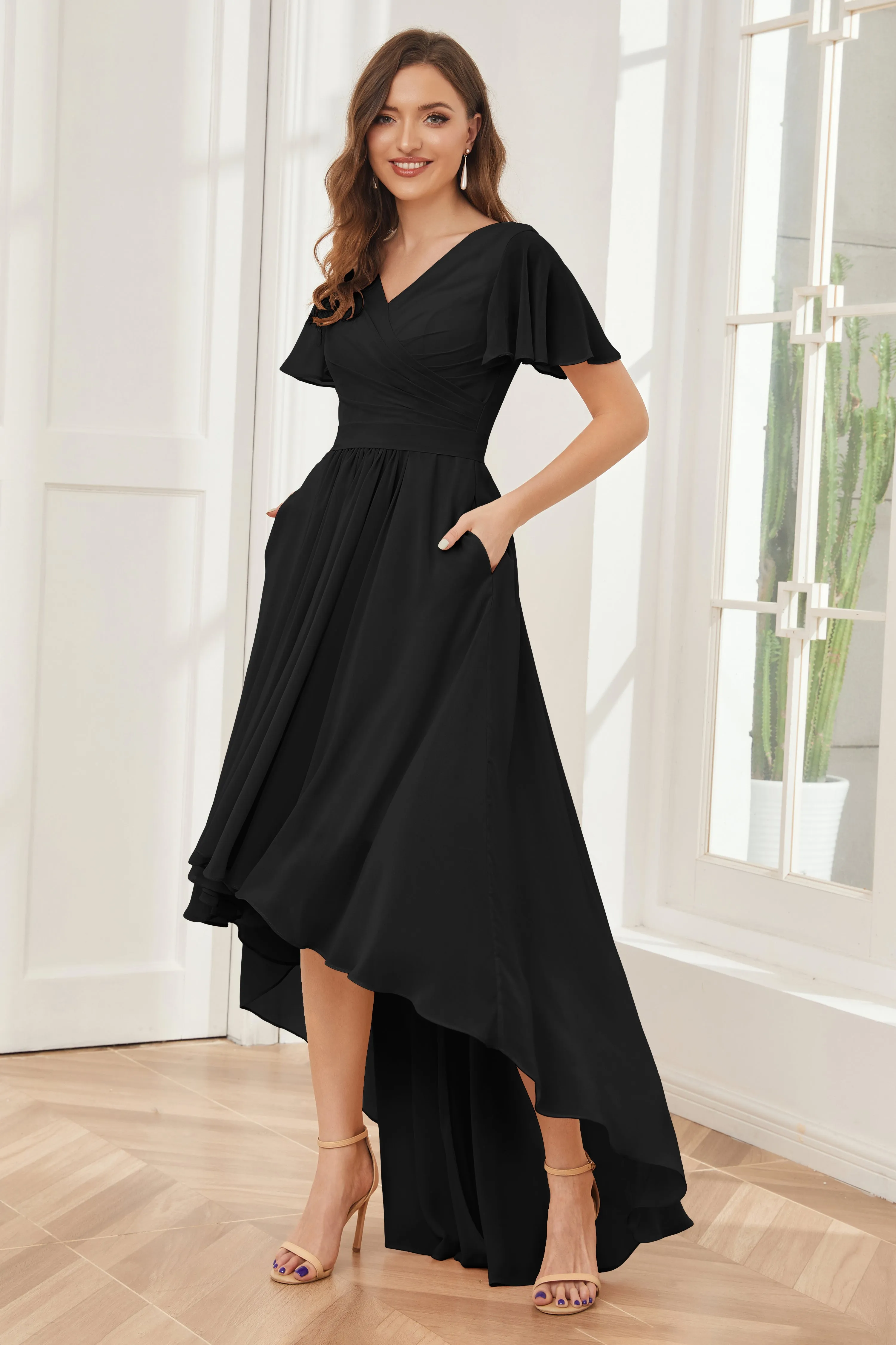 A-line Short Sleeves High Low Chiffon Bridesmaid Dresses