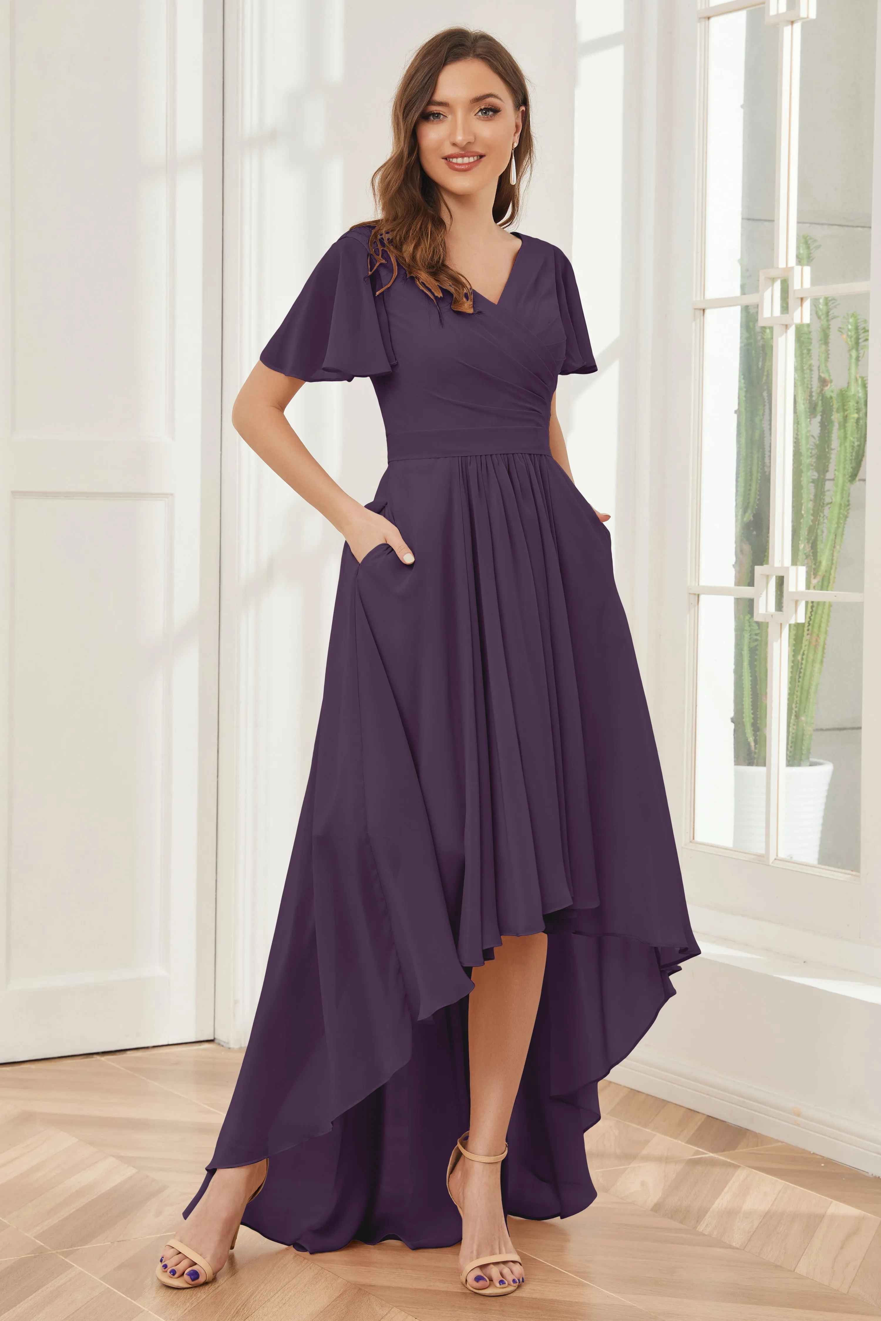 A-line Short Sleeves High Low Chiffon Bridesmaid Dresses