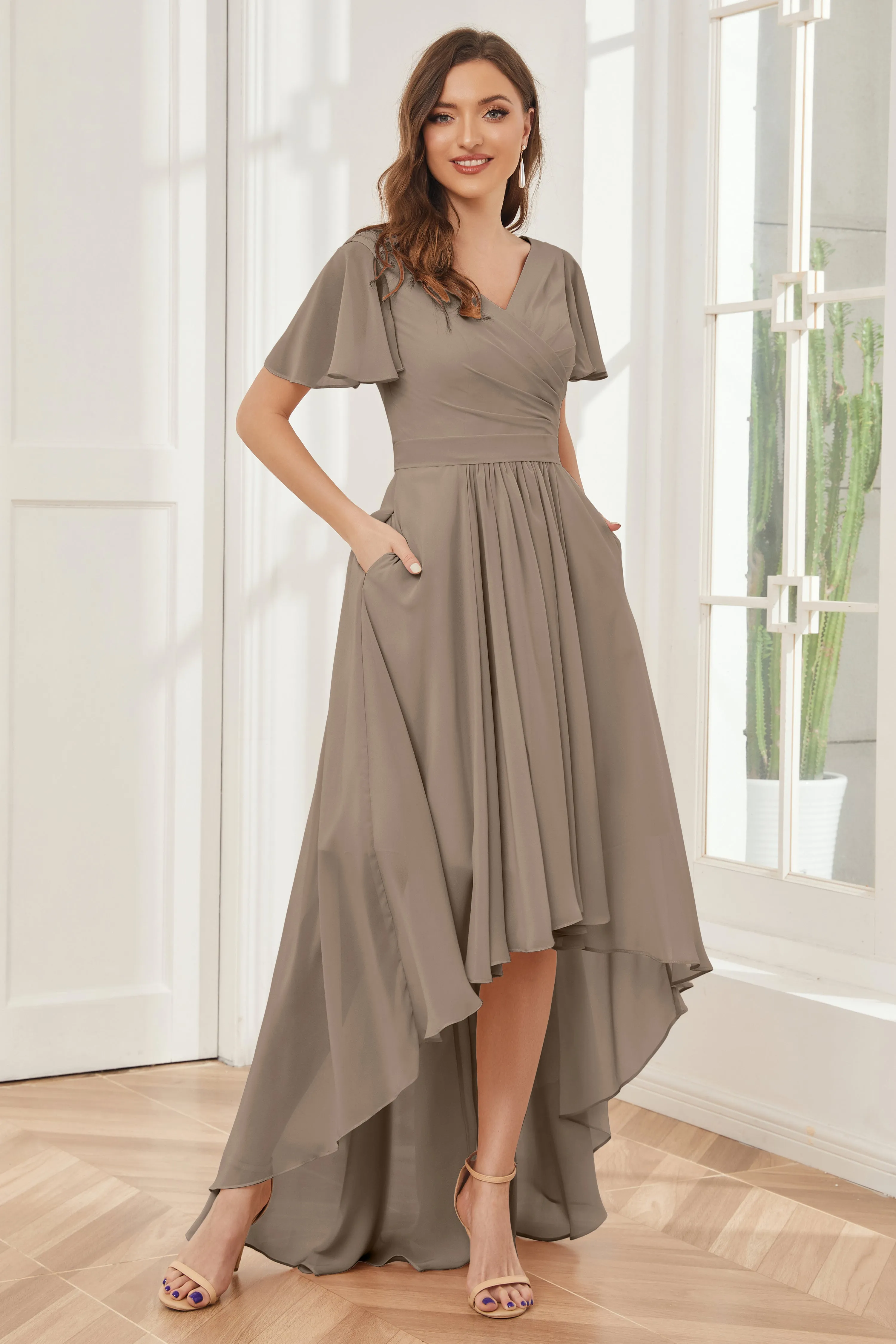 A-line Short Sleeves High Low Chiffon Bridesmaid Dresses