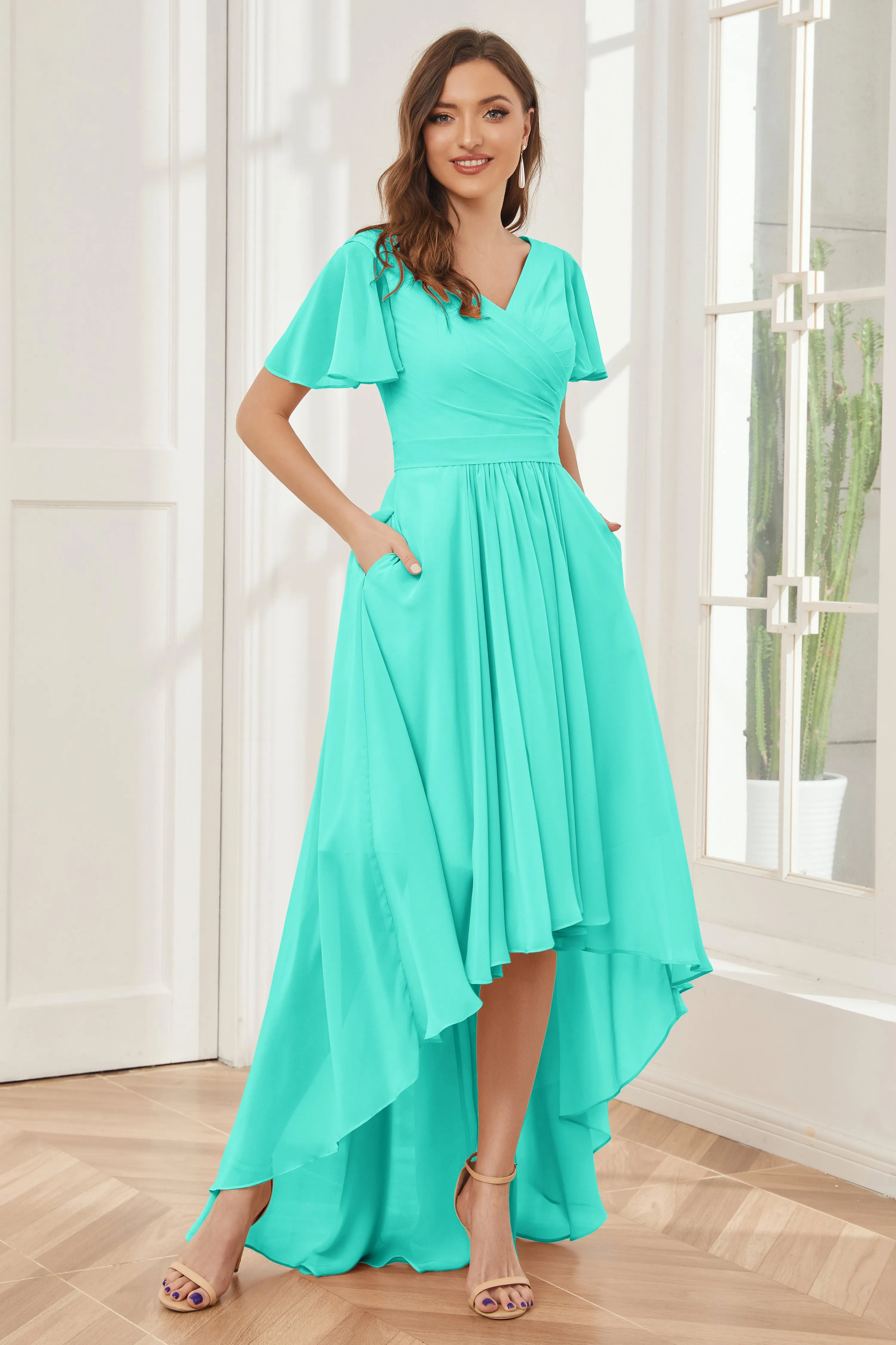 A-line Short Sleeves High Low Chiffon Bridesmaid Dresses