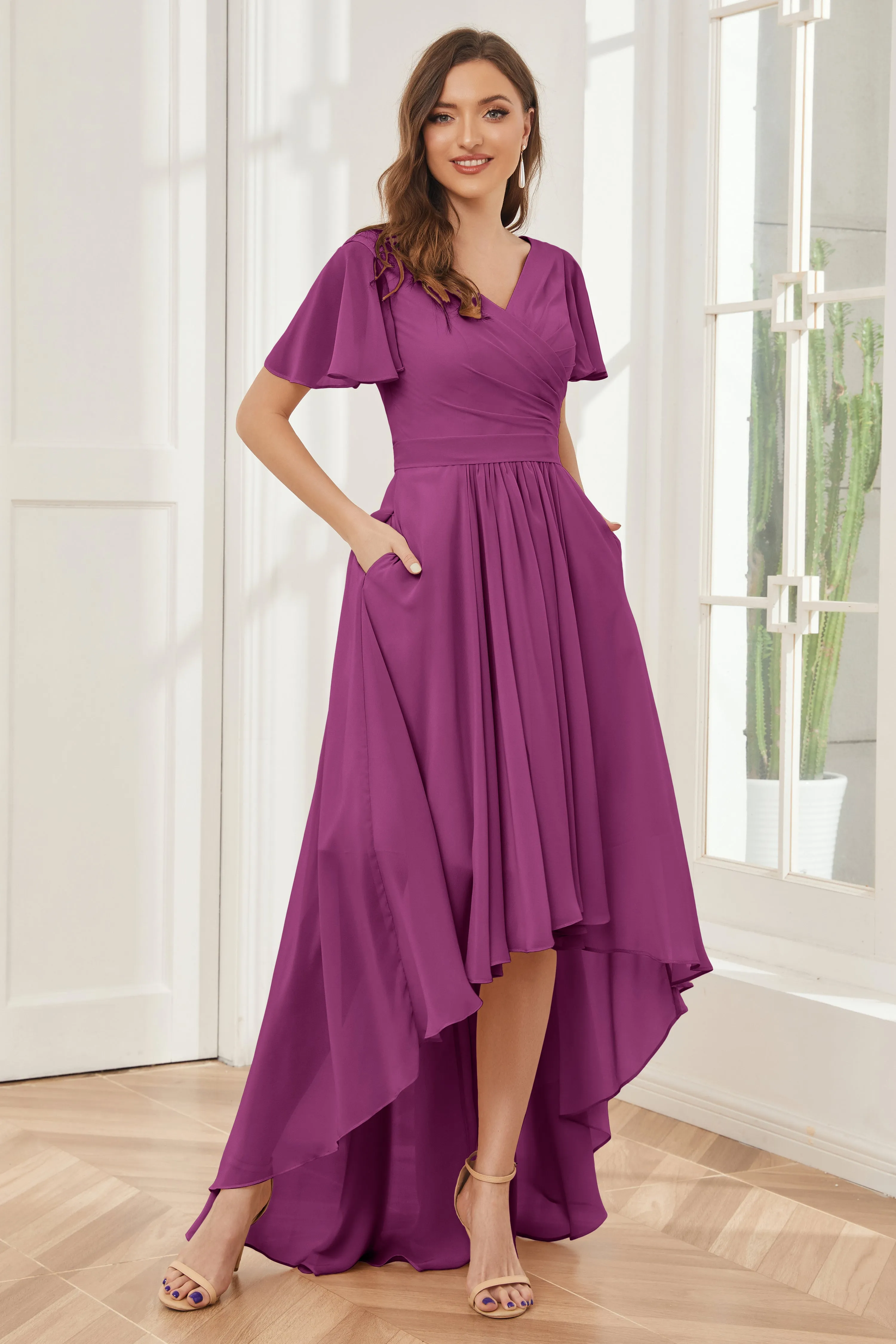 A-line Short Sleeves High Low Chiffon Bridesmaid Dresses