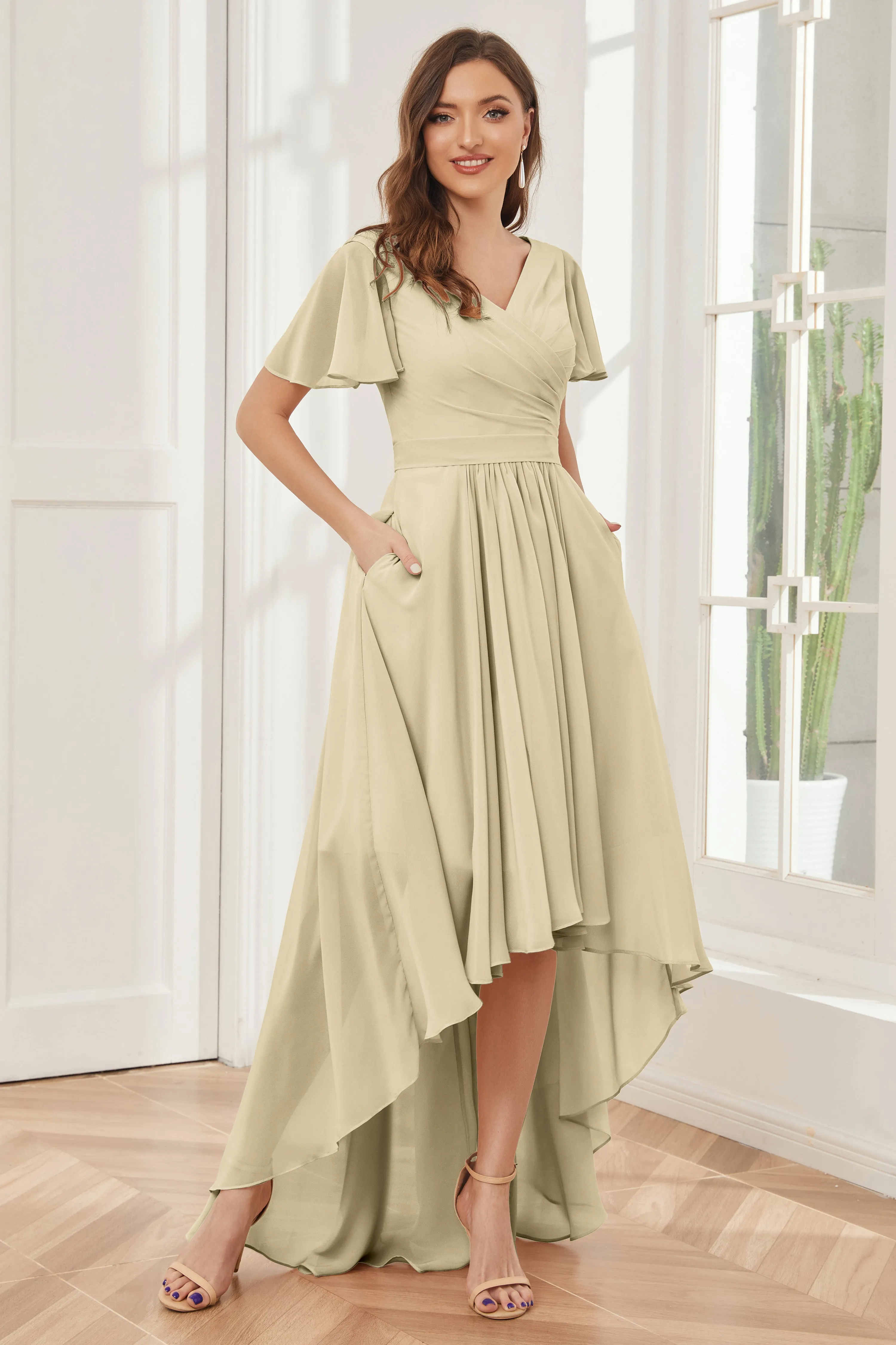 A-line Short Sleeves High Low Chiffon Bridesmaid Dresses