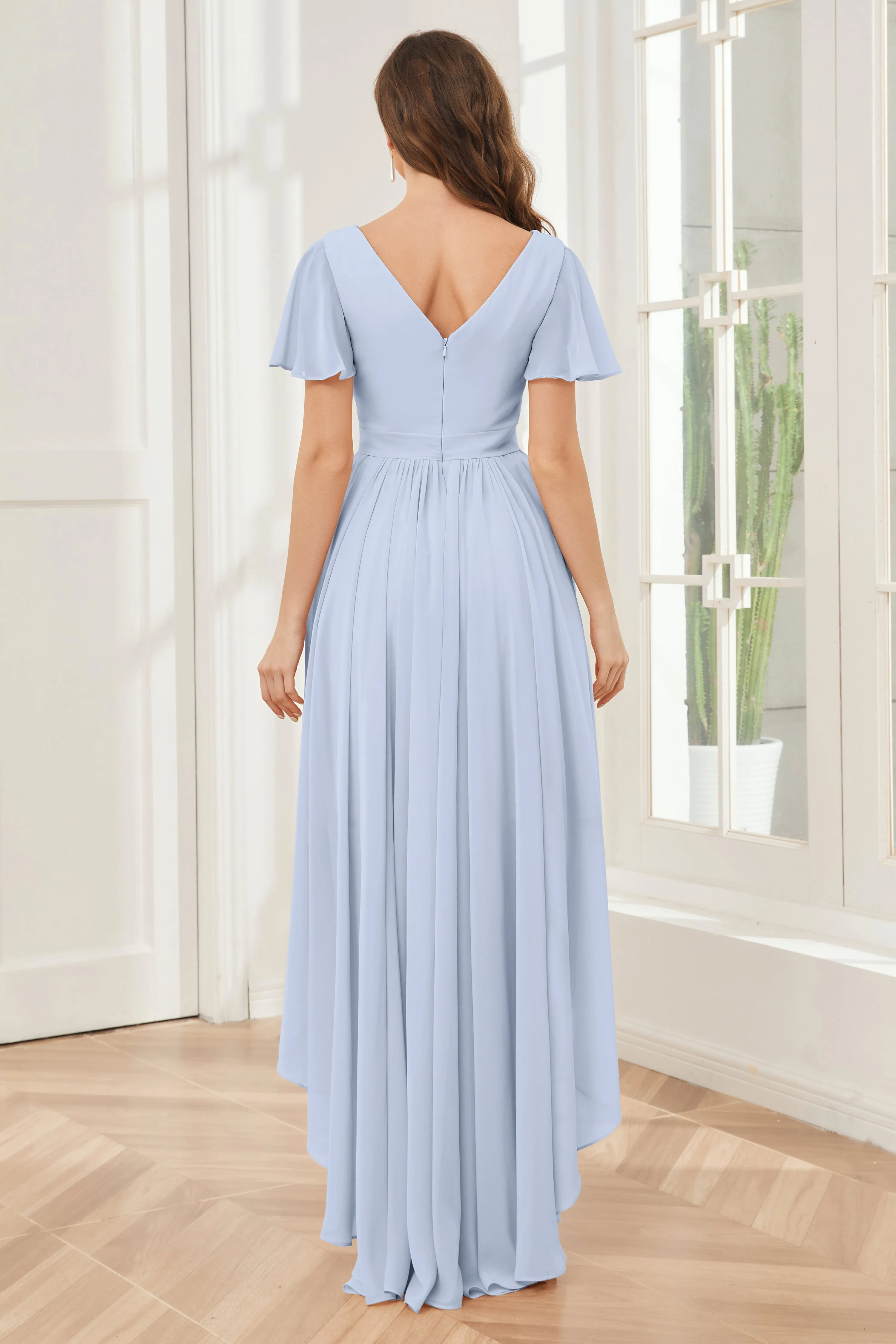 A-line Short Sleeves High Low Chiffon Bridesmaid Dresses