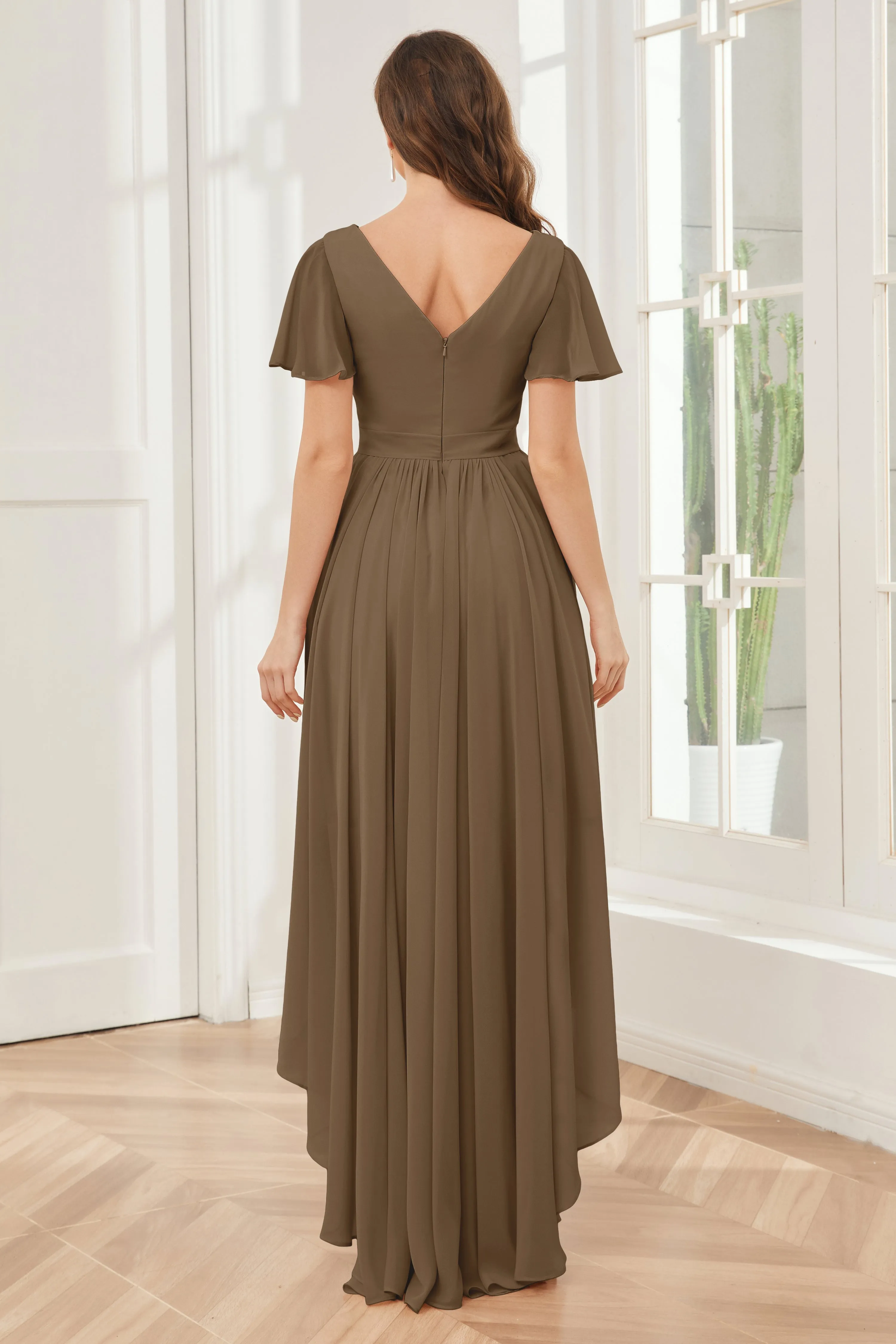 A-line Short Sleeves High Low Chiffon Bridesmaid Dresses