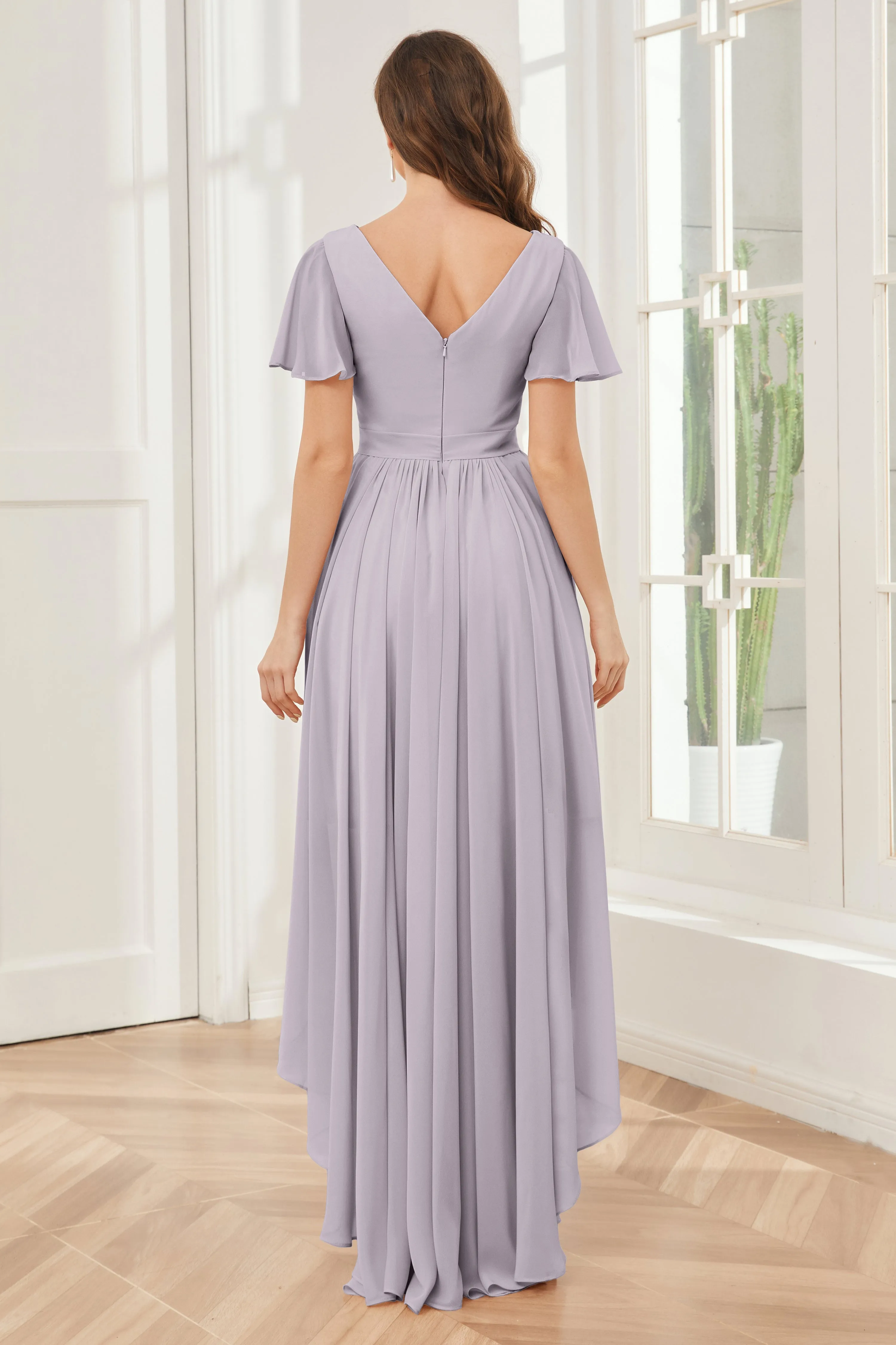 A-line Short Sleeves High Low Chiffon Bridesmaid Dresses