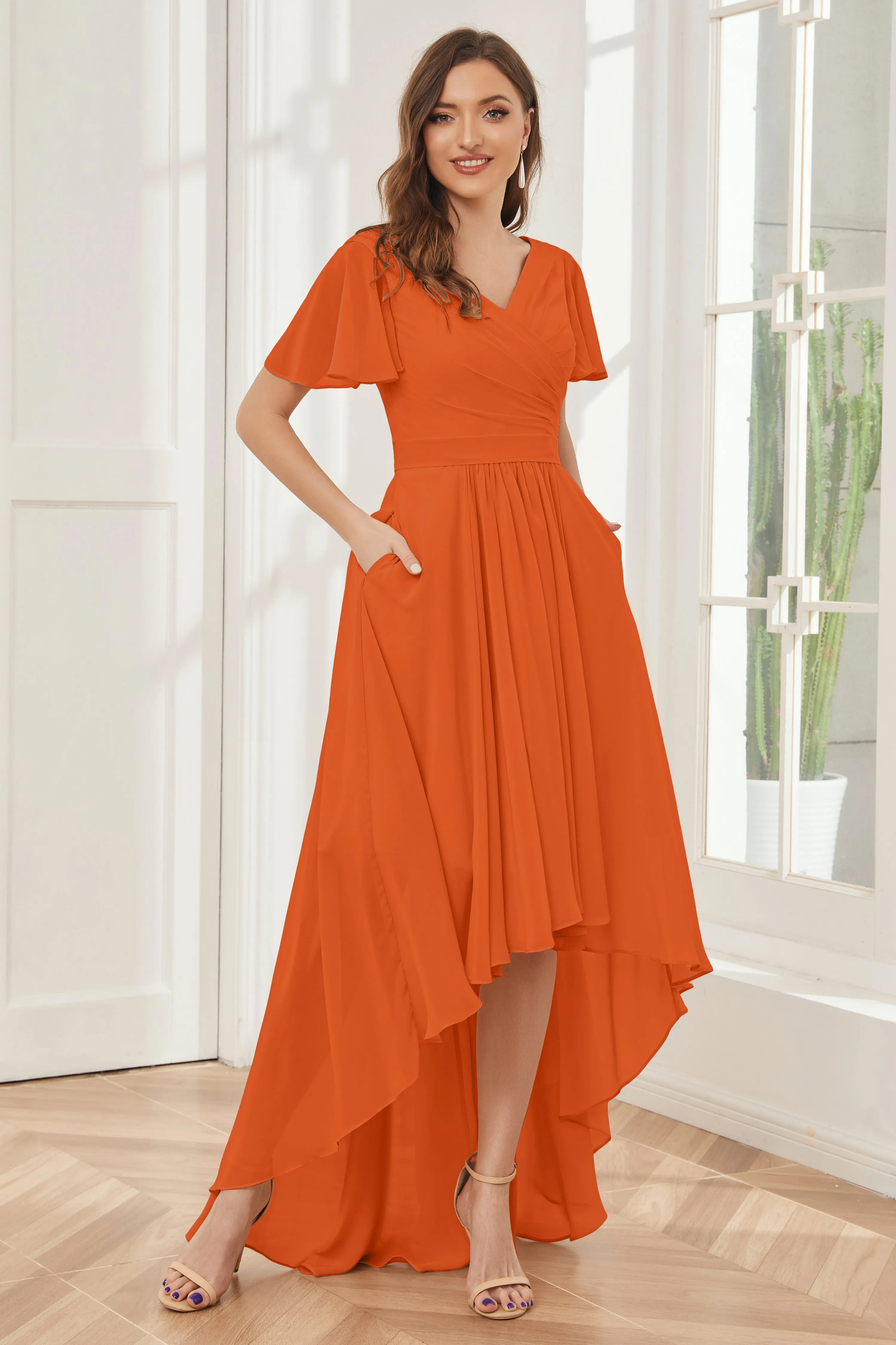 A-line Short Sleeves High Low Chiffon Bridesmaid Dresses