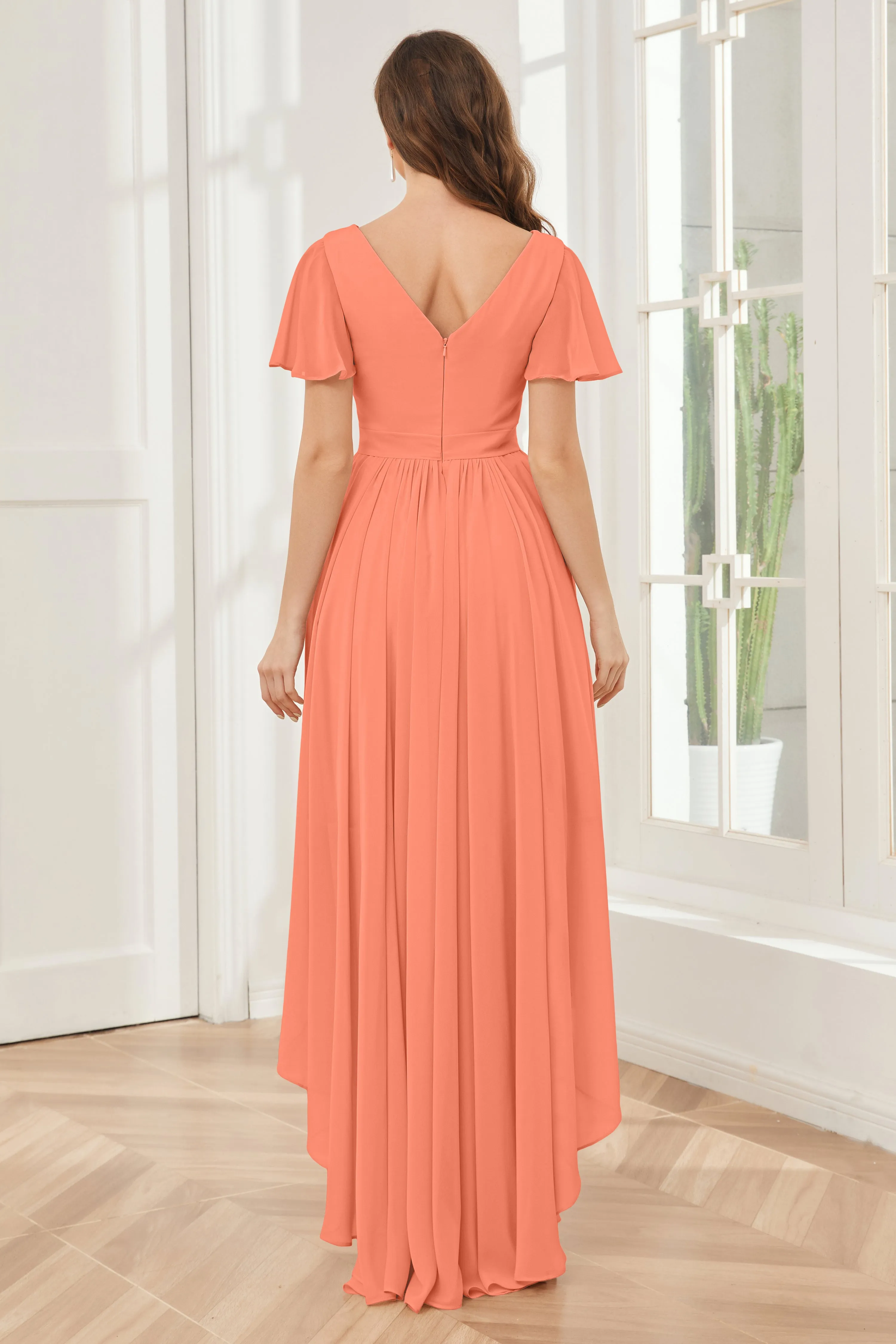 A-line Short Sleeves High Low Chiffon Bridesmaid Dresses