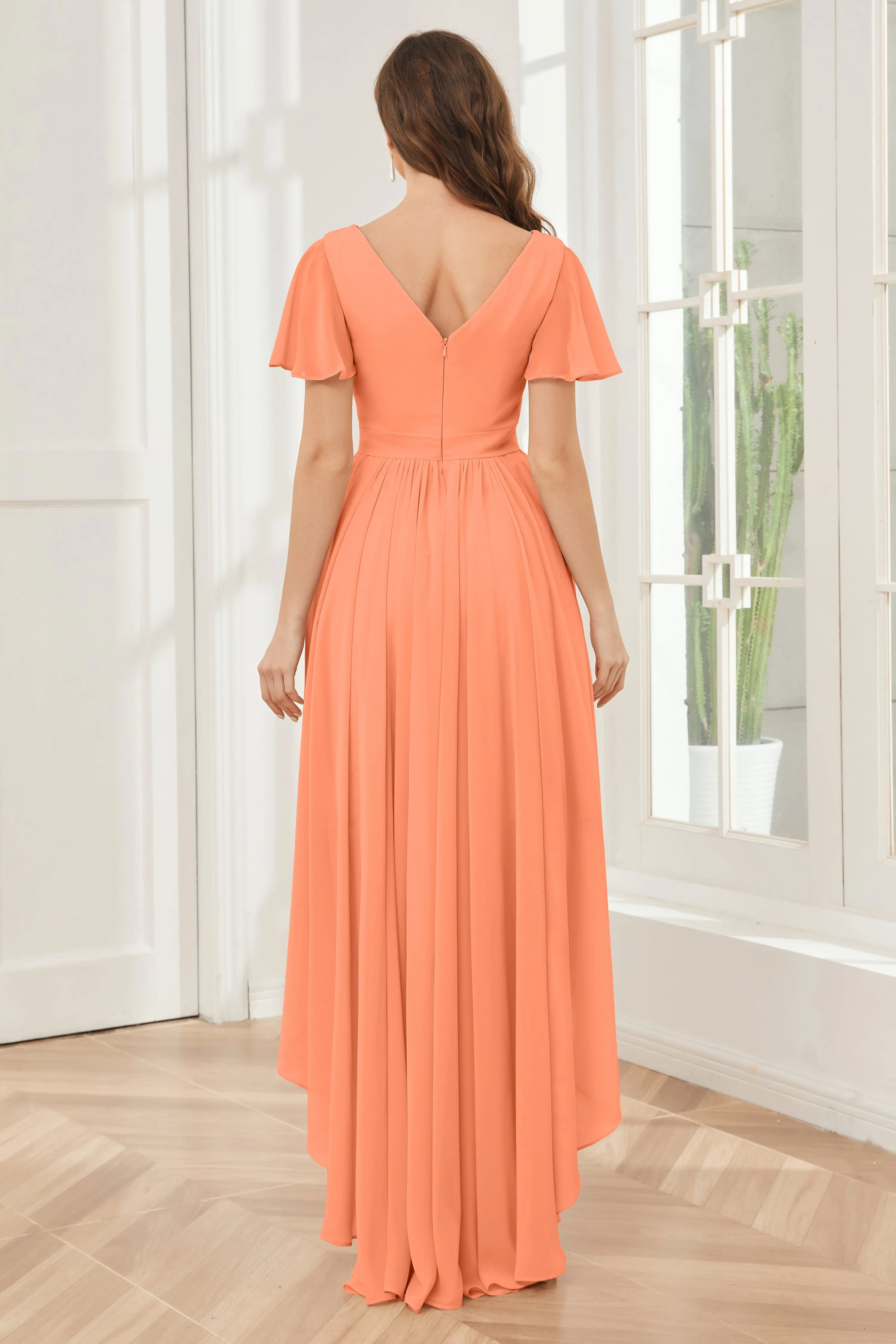 A-line Short Sleeves High Low Chiffon Bridesmaid Dresses