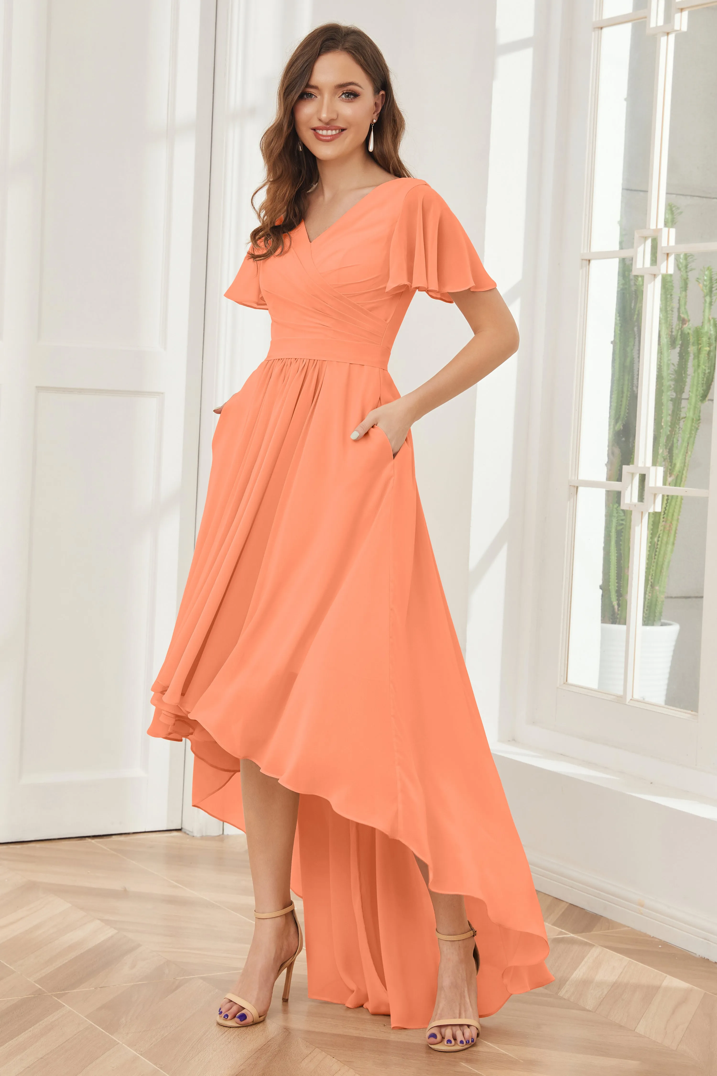 A-line Short Sleeves High Low Chiffon Bridesmaid Dresses