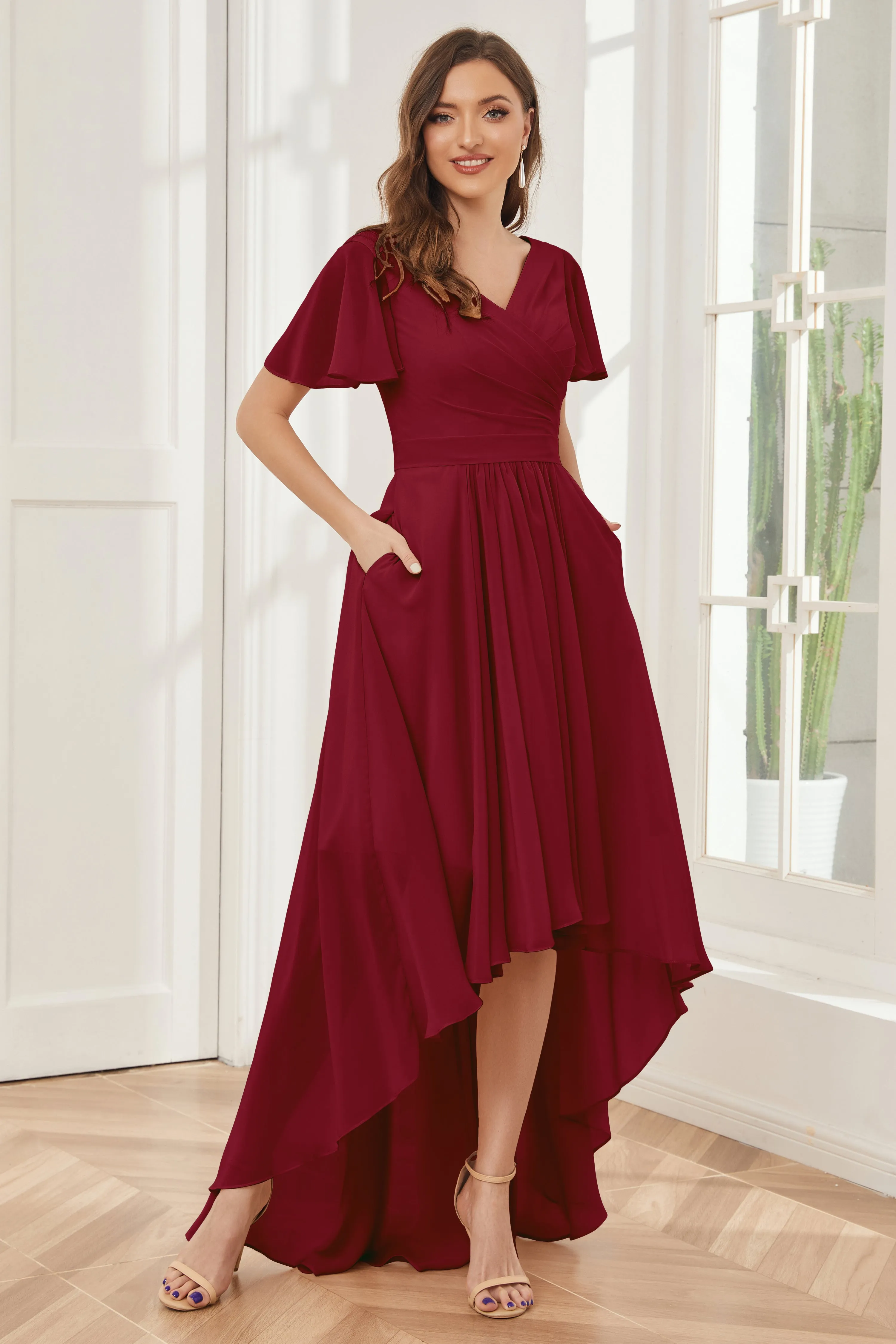 A-line Short Sleeves High Low Chiffon Bridesmaid Dresses