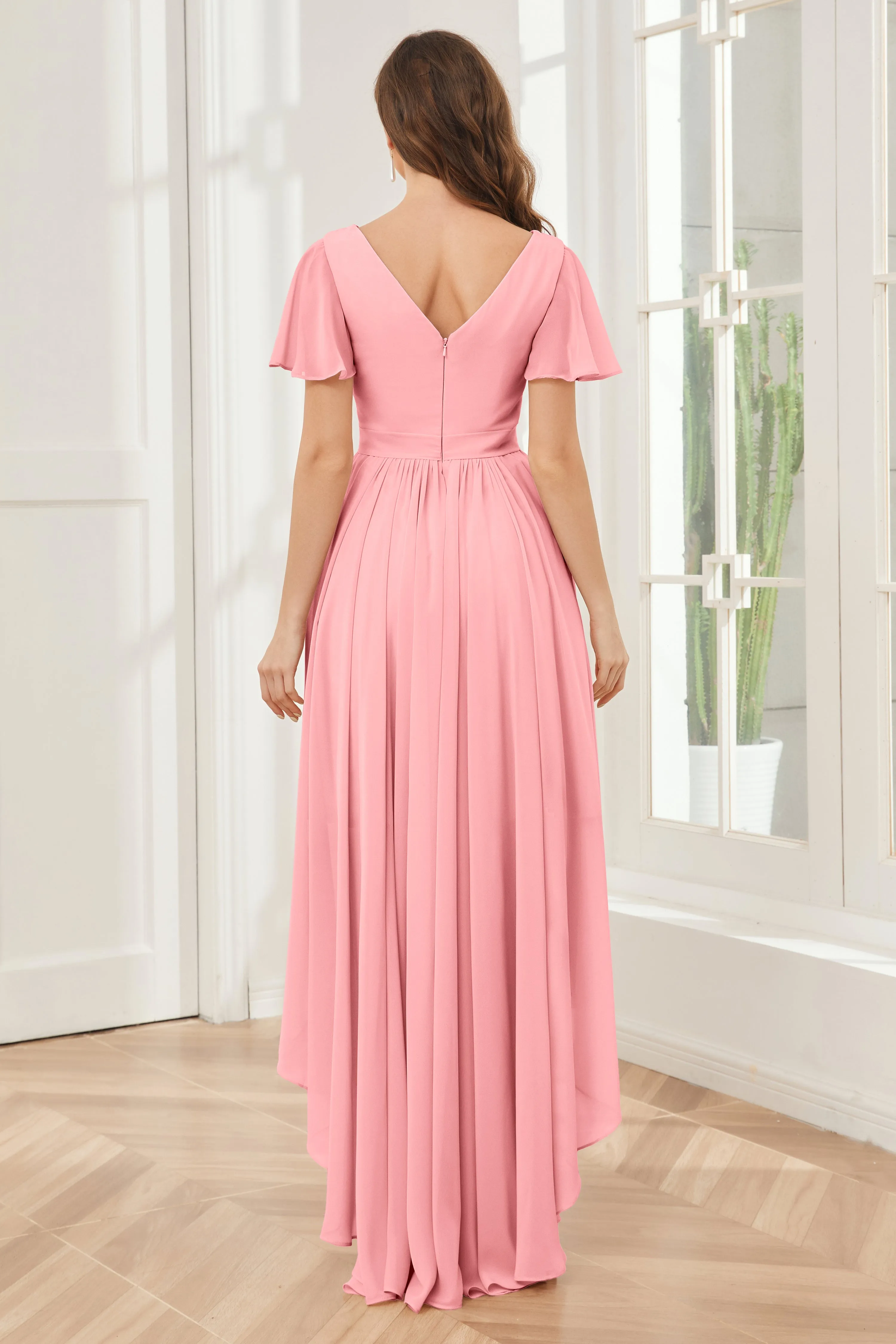 A-line Short Sleeves High Low Chiffon Bridesmaid Dresses