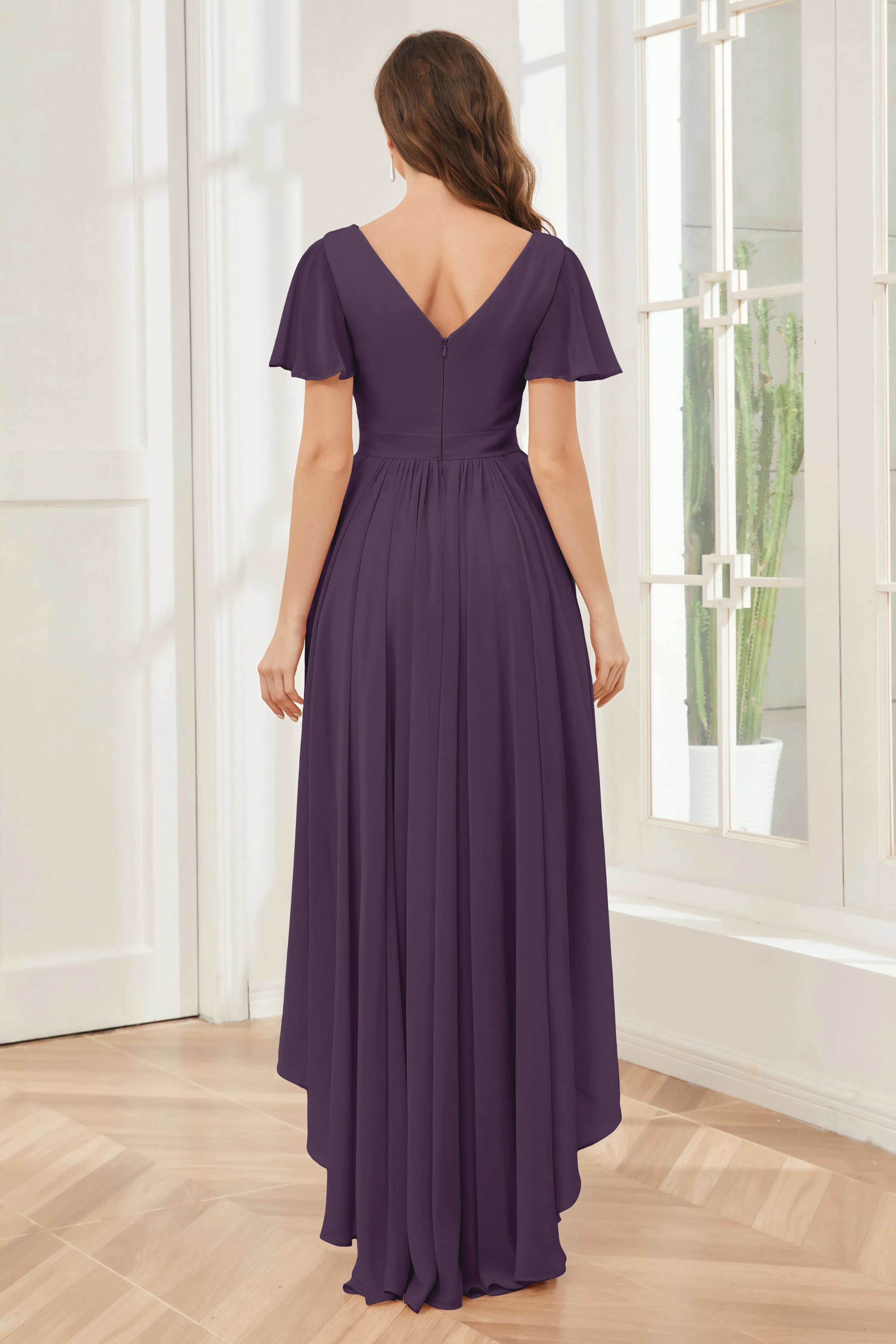 A-line Short Sleeves High Low Chiffon Bridesmaid Dresses