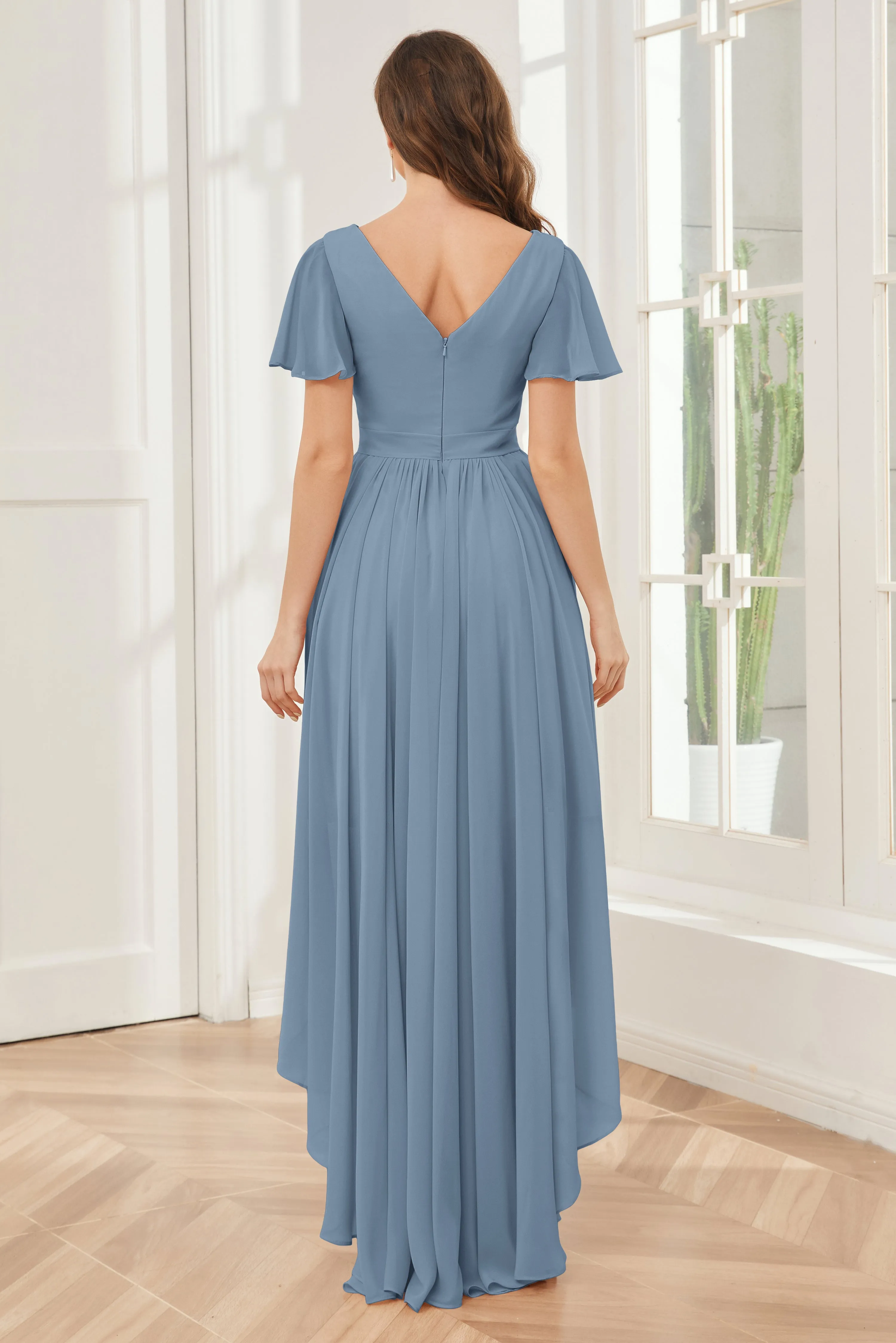 A-line Short Sleeves High Low Chiffon Bridesmaid Dresses