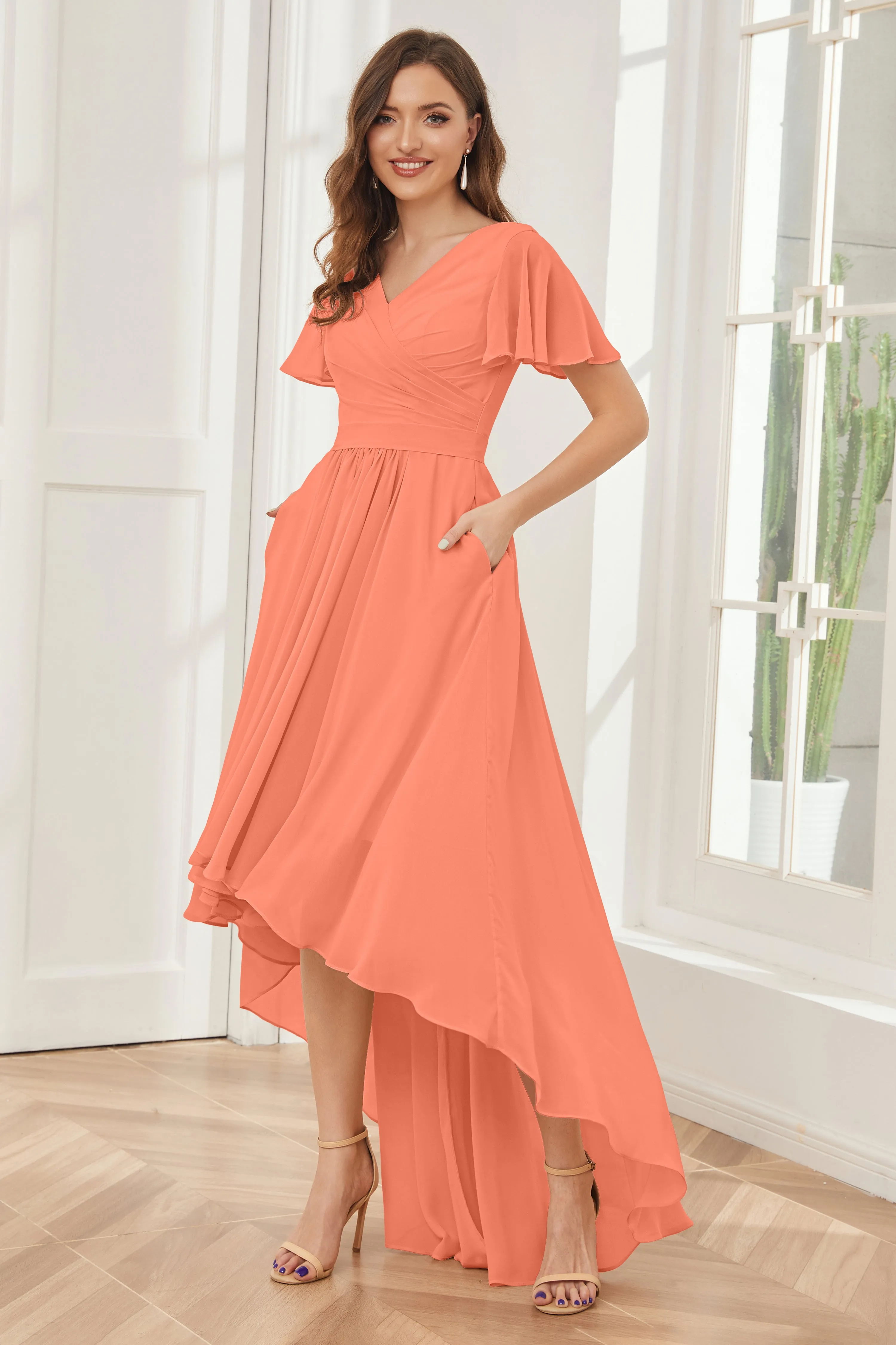 A-line Short Sleeves High Low Chiffon Bridesmaid Dresses