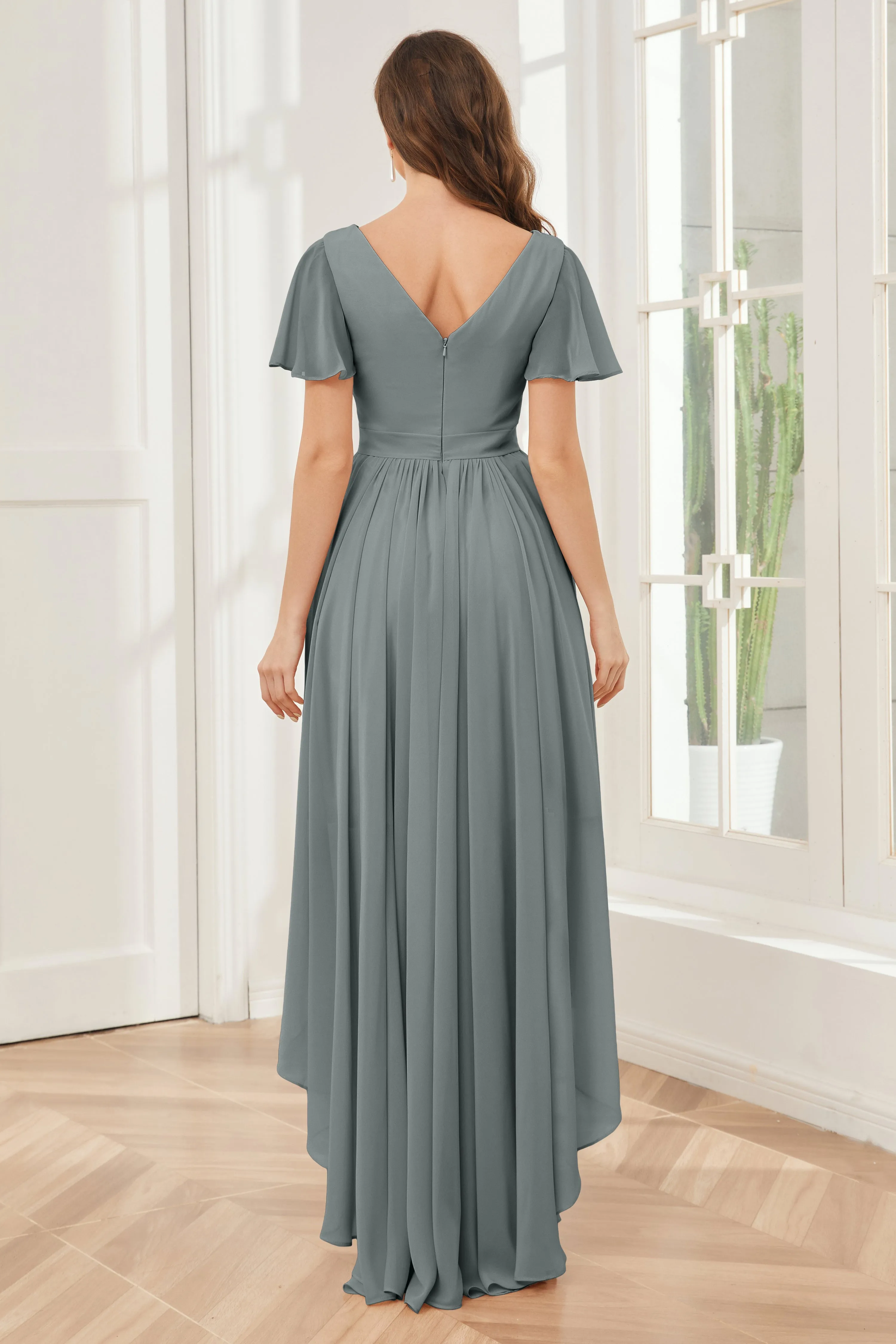 A-line Short Sleeves High Low Chiffon Bridesmaid Dresses