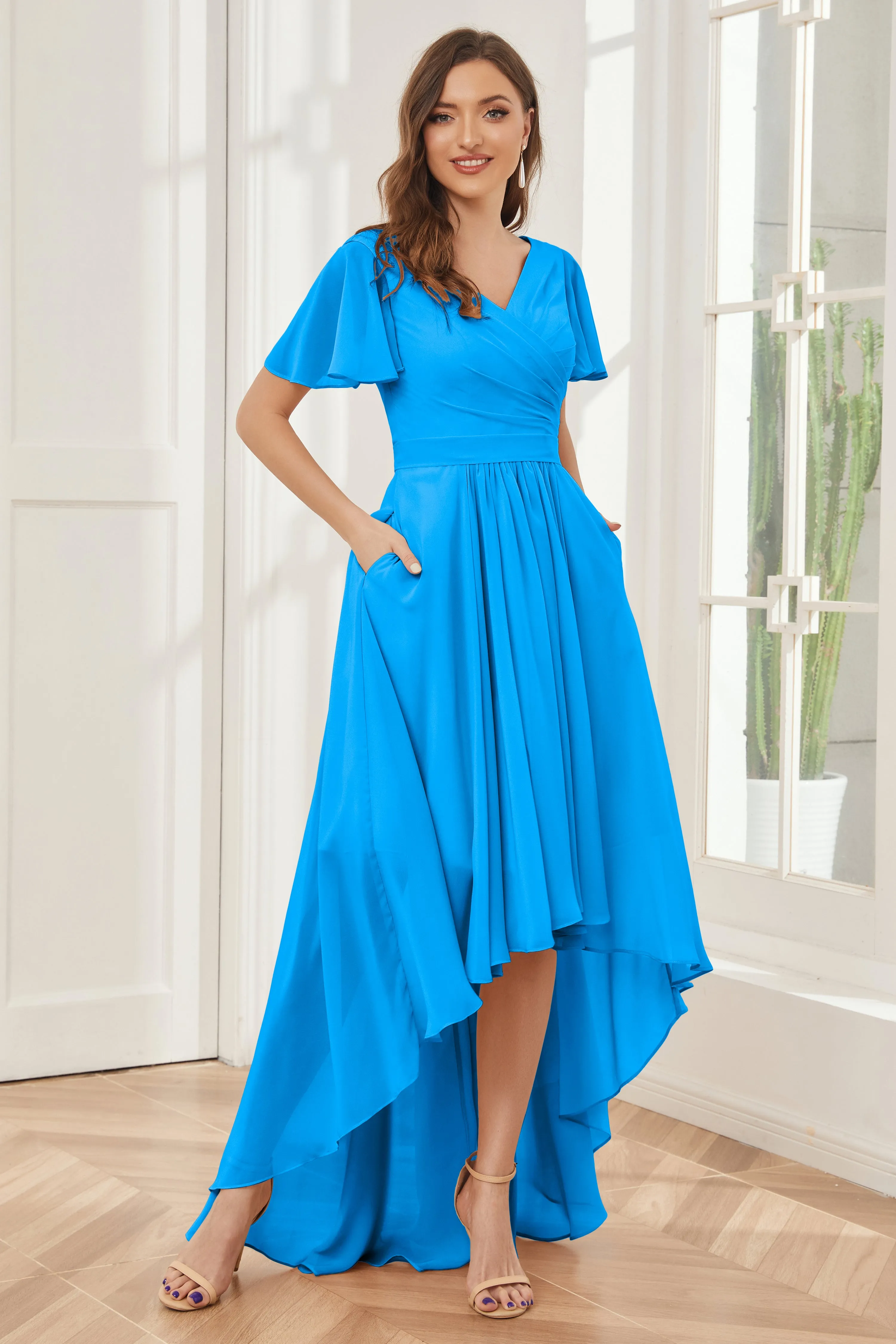 A-line Short Sleeves High Low Chiffon Bridesmaid Dresses