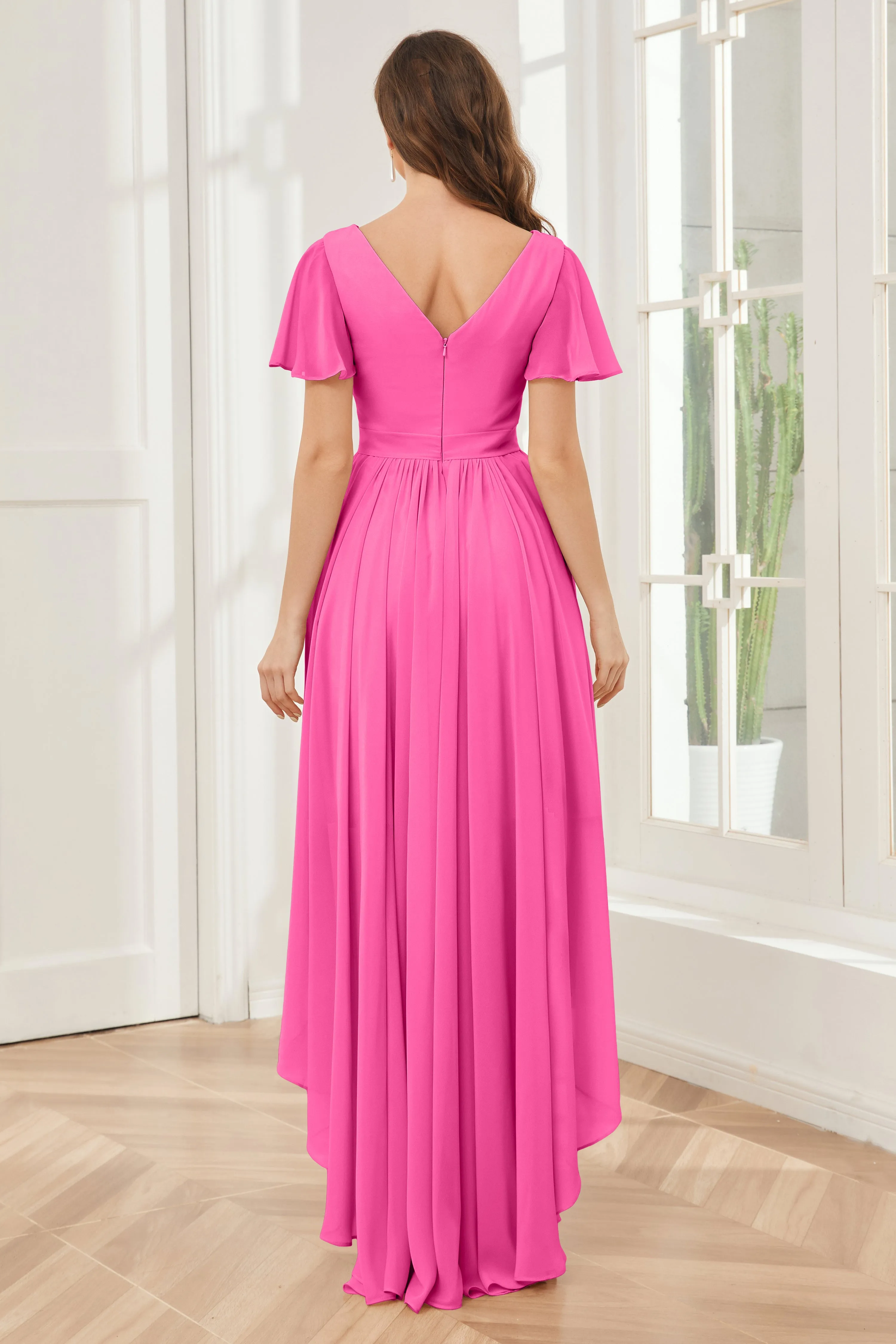 A-line Short Sleeves High Low Chiffon Bridesmaid Dresses