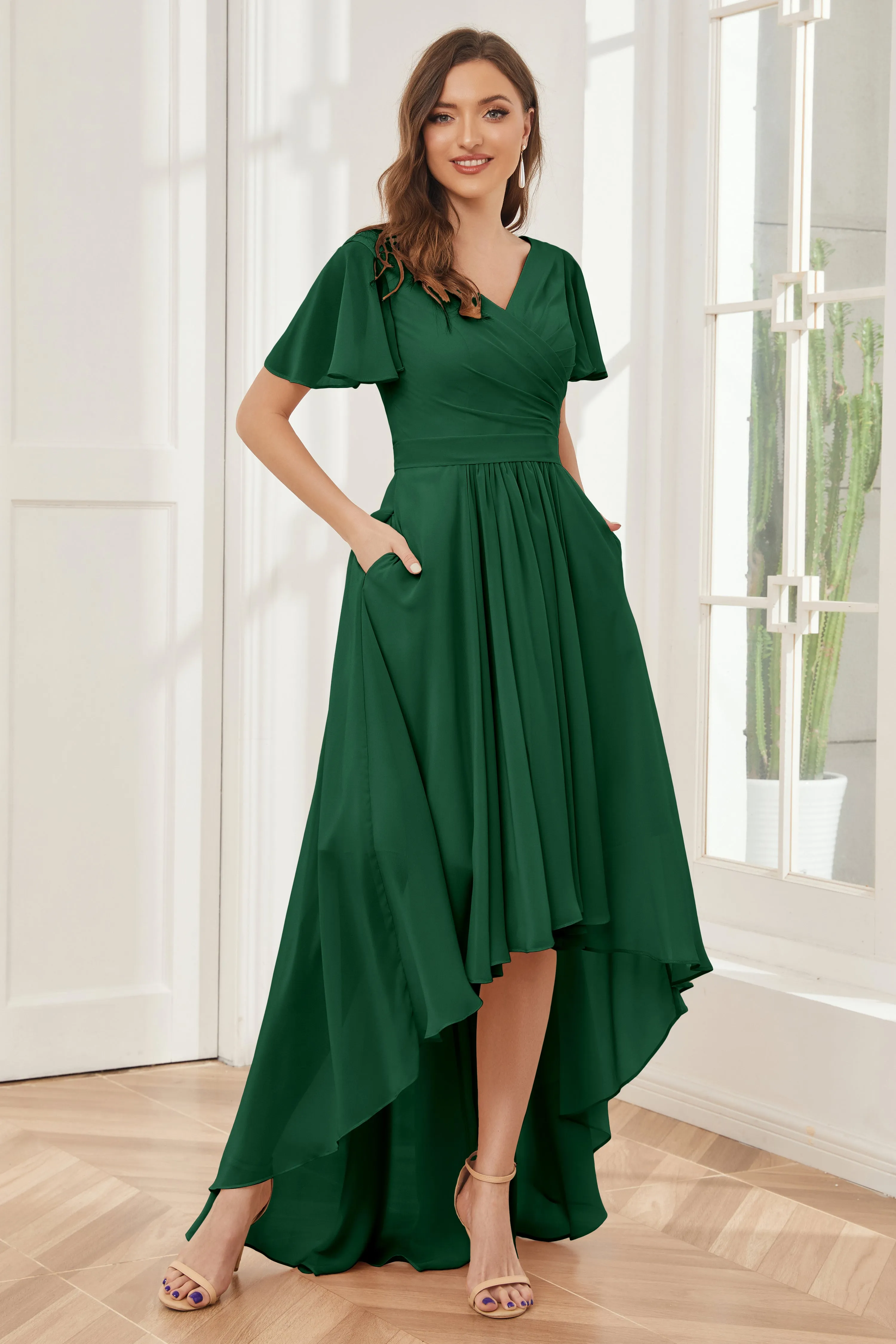 A-line Short Sleeves High Low Chiffon Bridesmaid Dresses