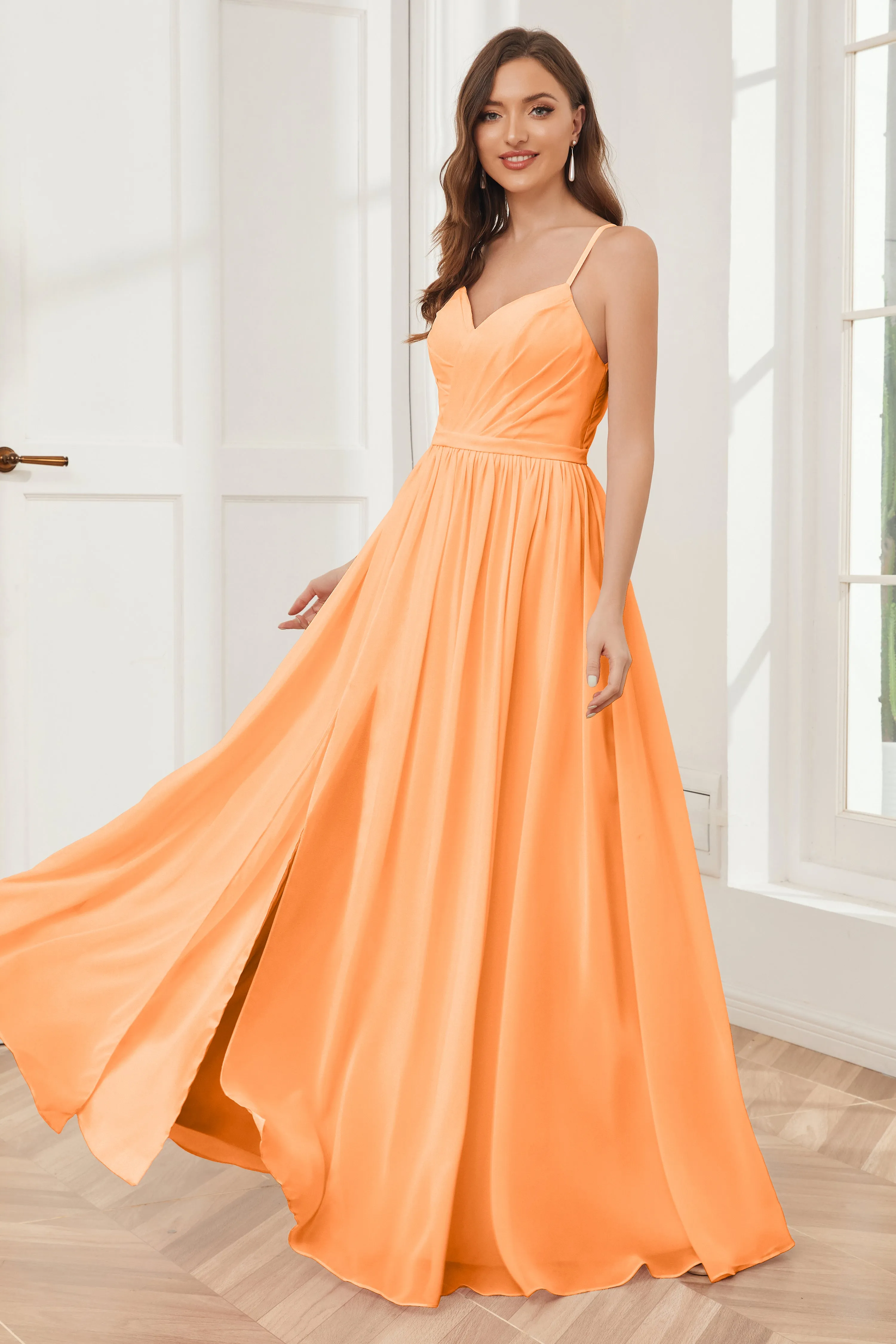 A-line Spaghetti Straps Chiffon Long Bridesmaid Dresses