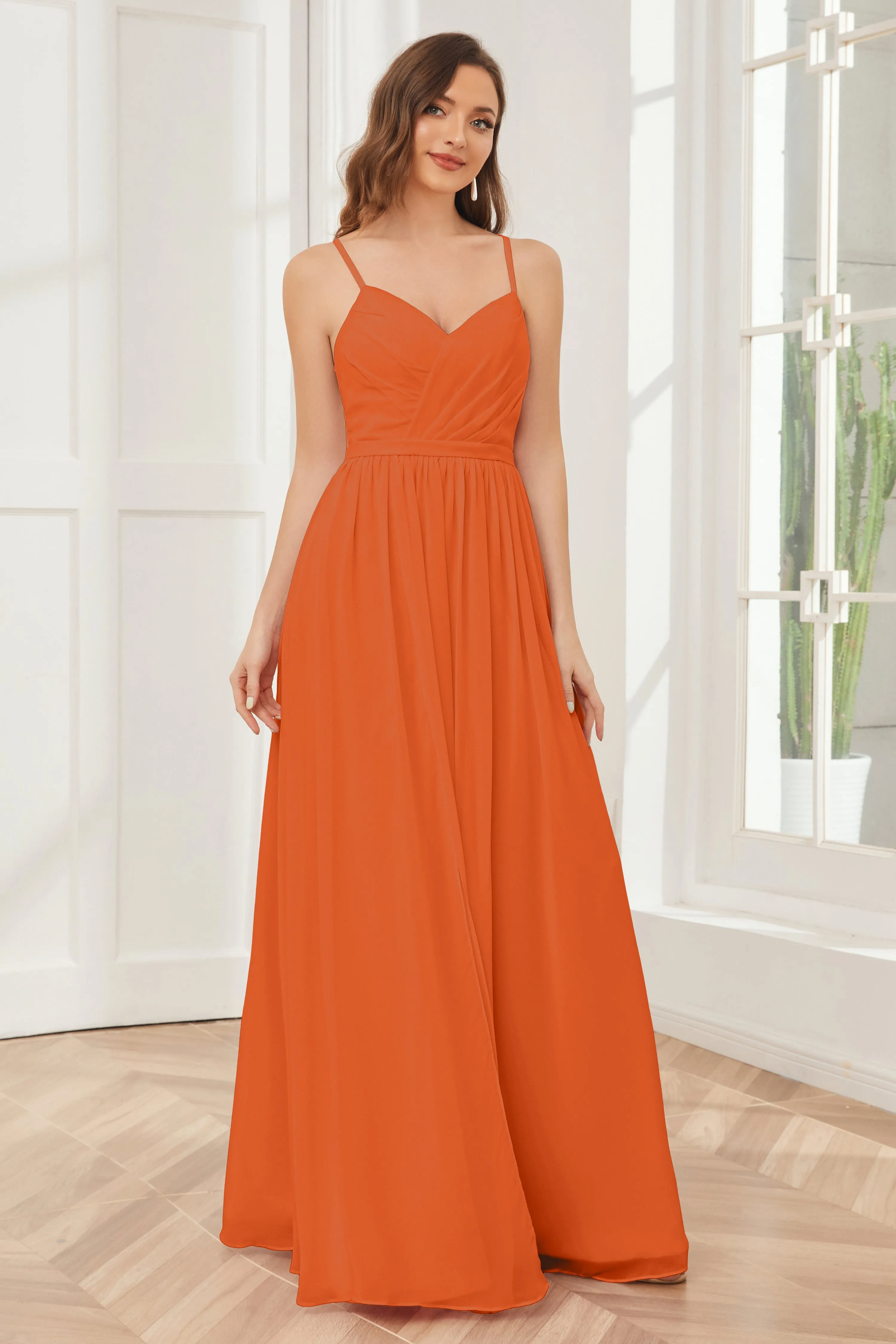 A-line Spaghetti Straps Chiffon Long Bridesmaid Dresses