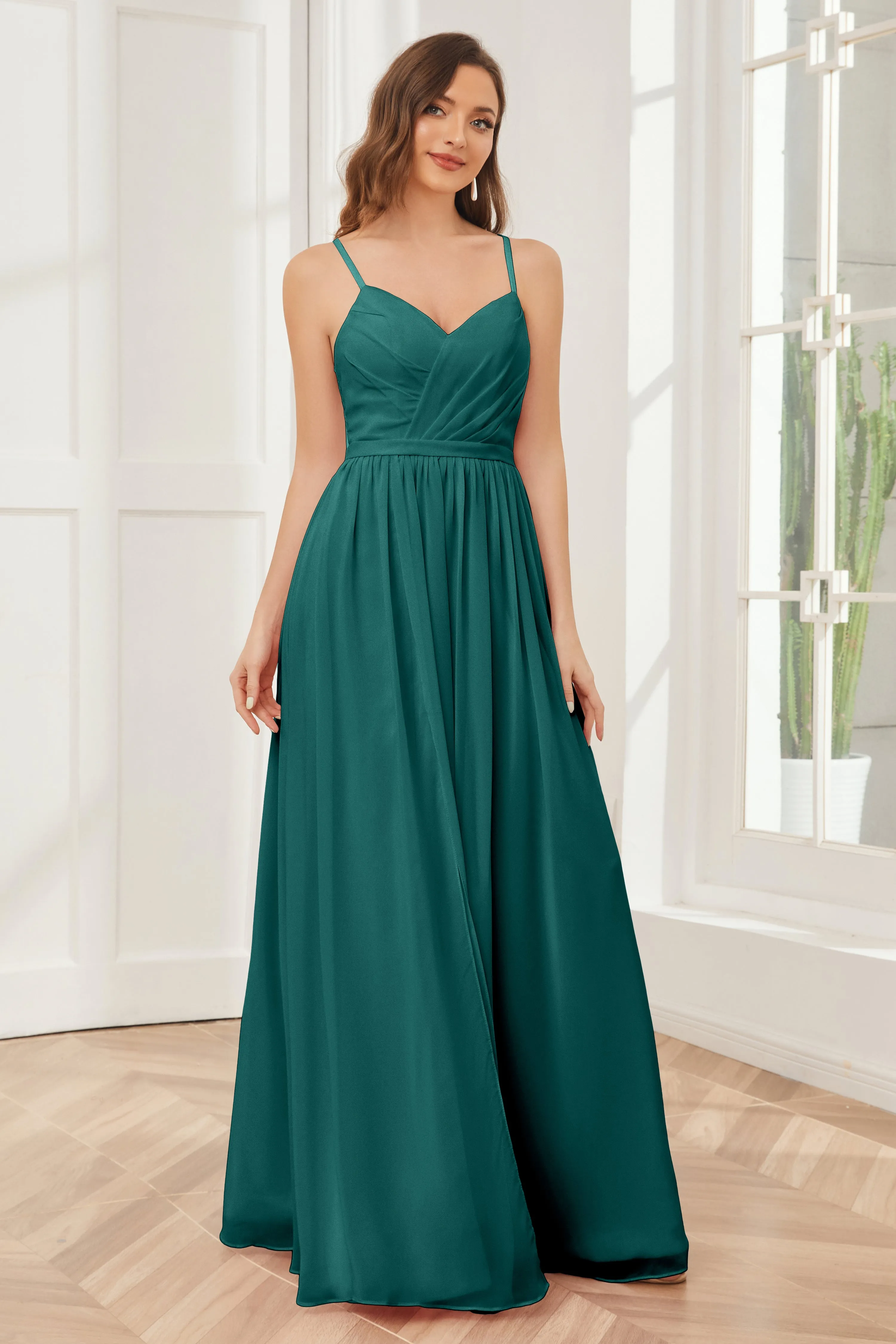 A-line Spaghetti Straps Chiffon Long Bridesmaid Dresses