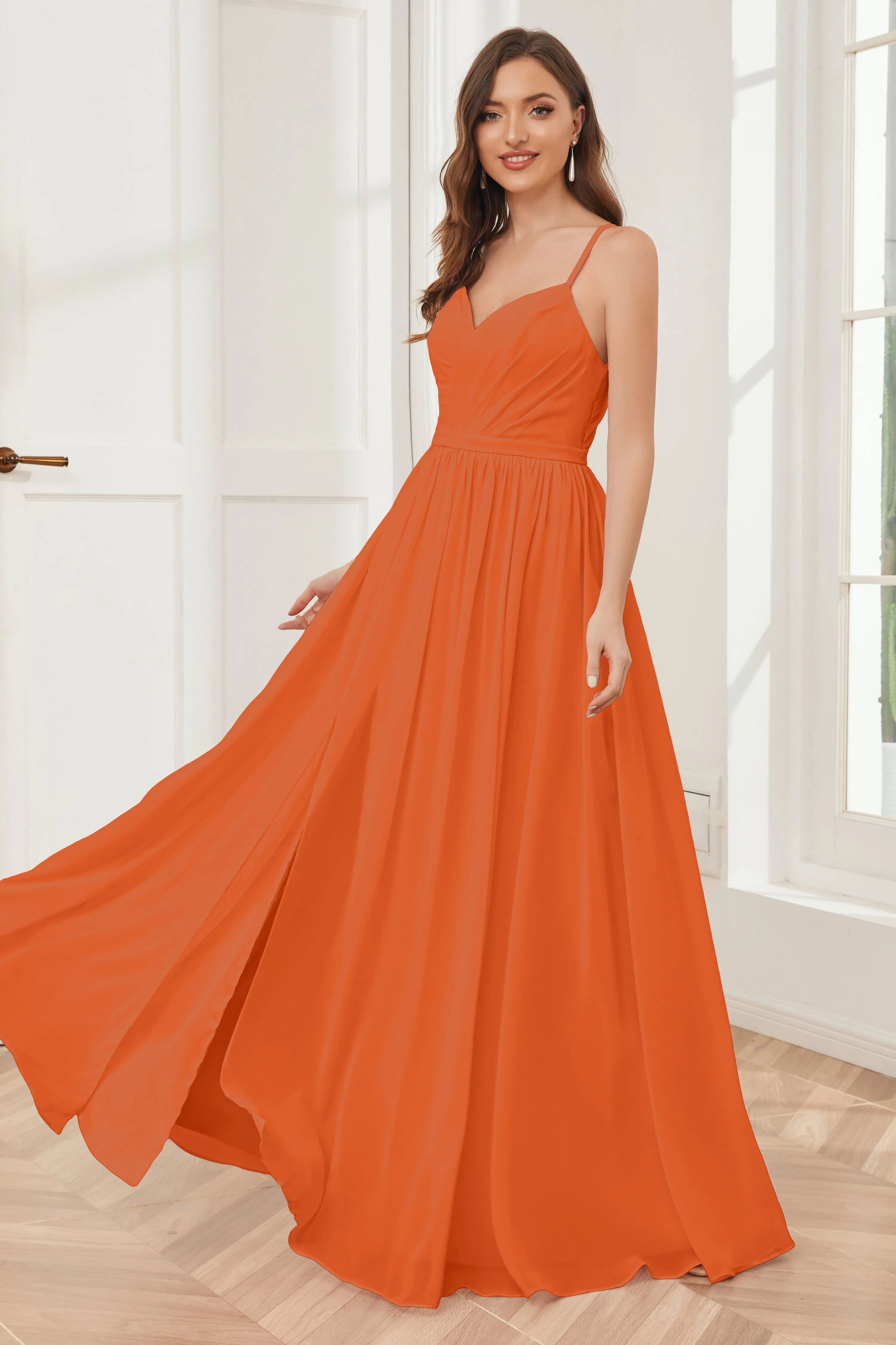 A-line Spaghetti Straps Chiffon Long Bridesmaid Dresses