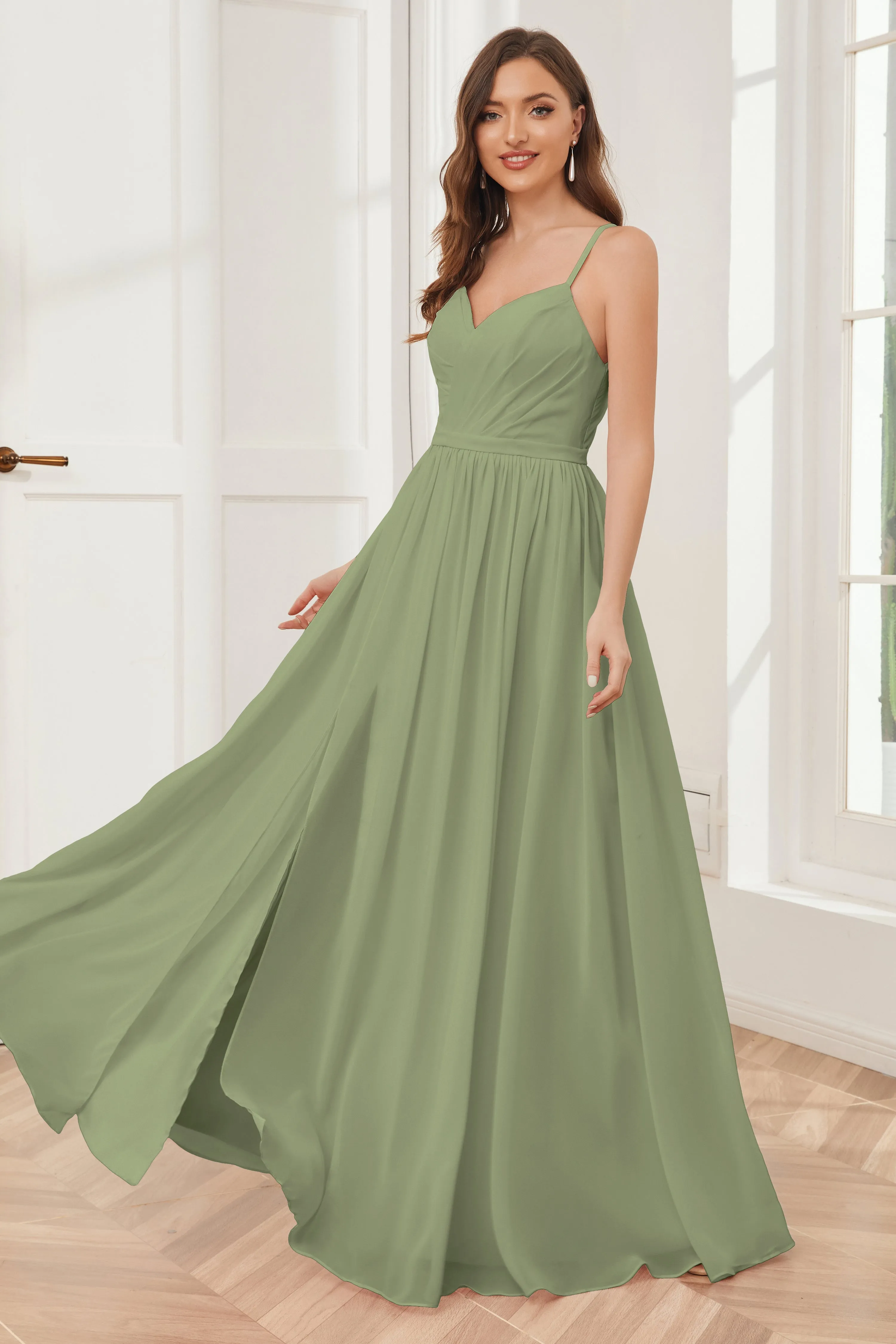 A-line Spaghetti Straps Chiffon Long Bridesmaid Dresses