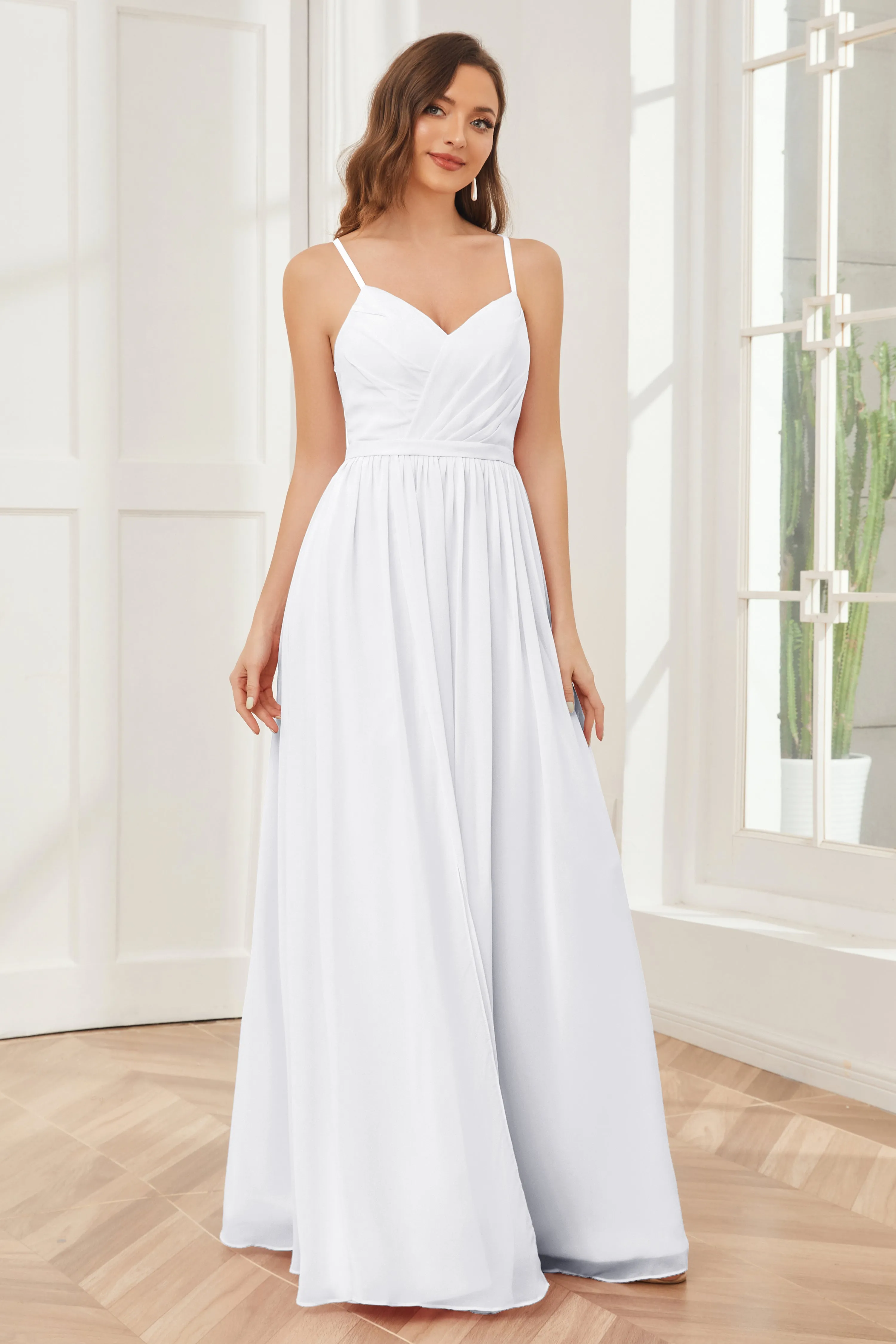 A-line Spaghetti Straps Chiffon Long Bridesmaid Dresses