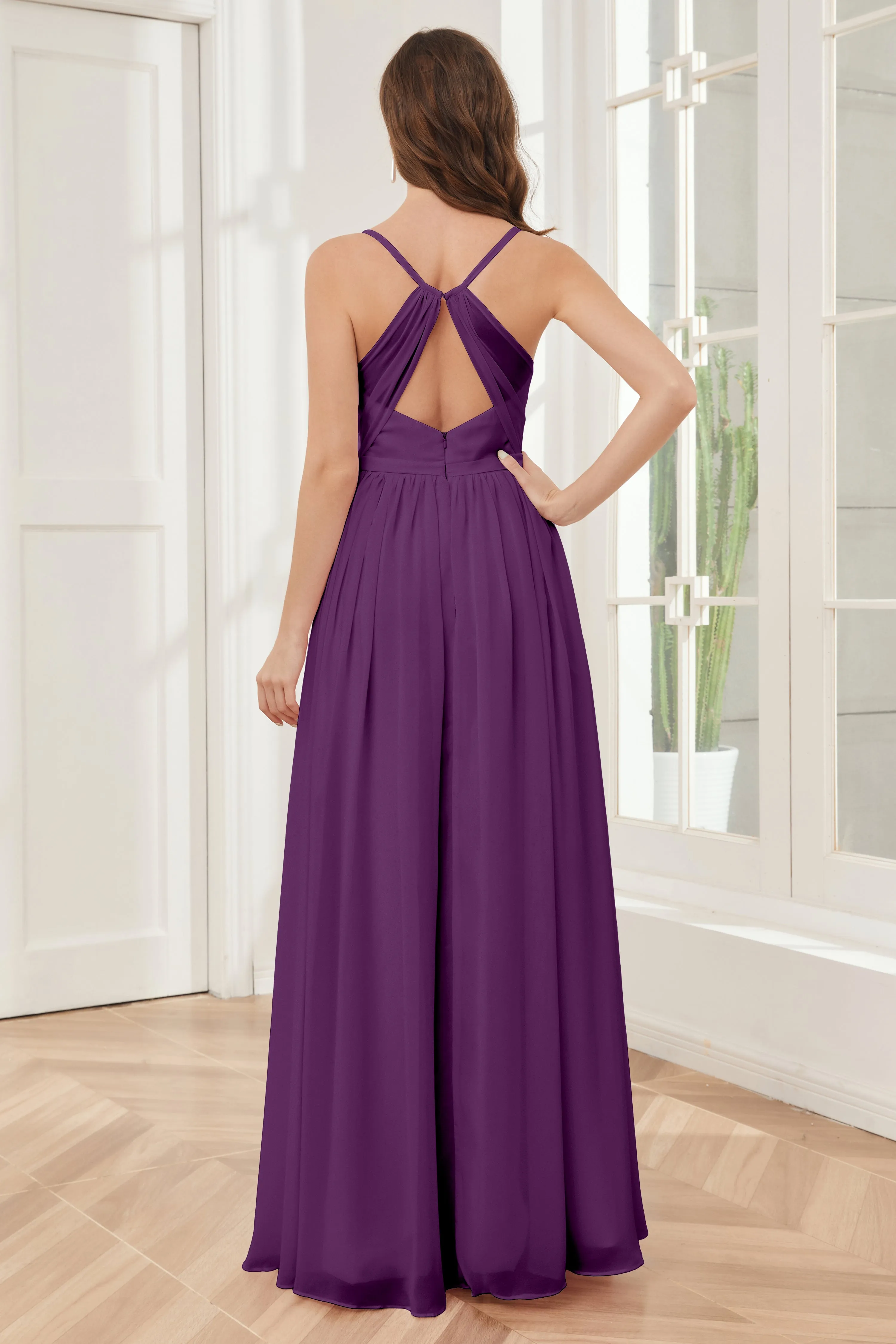 A-line Spaghetti Straps Chiffon Long Bridesmaid Dresses