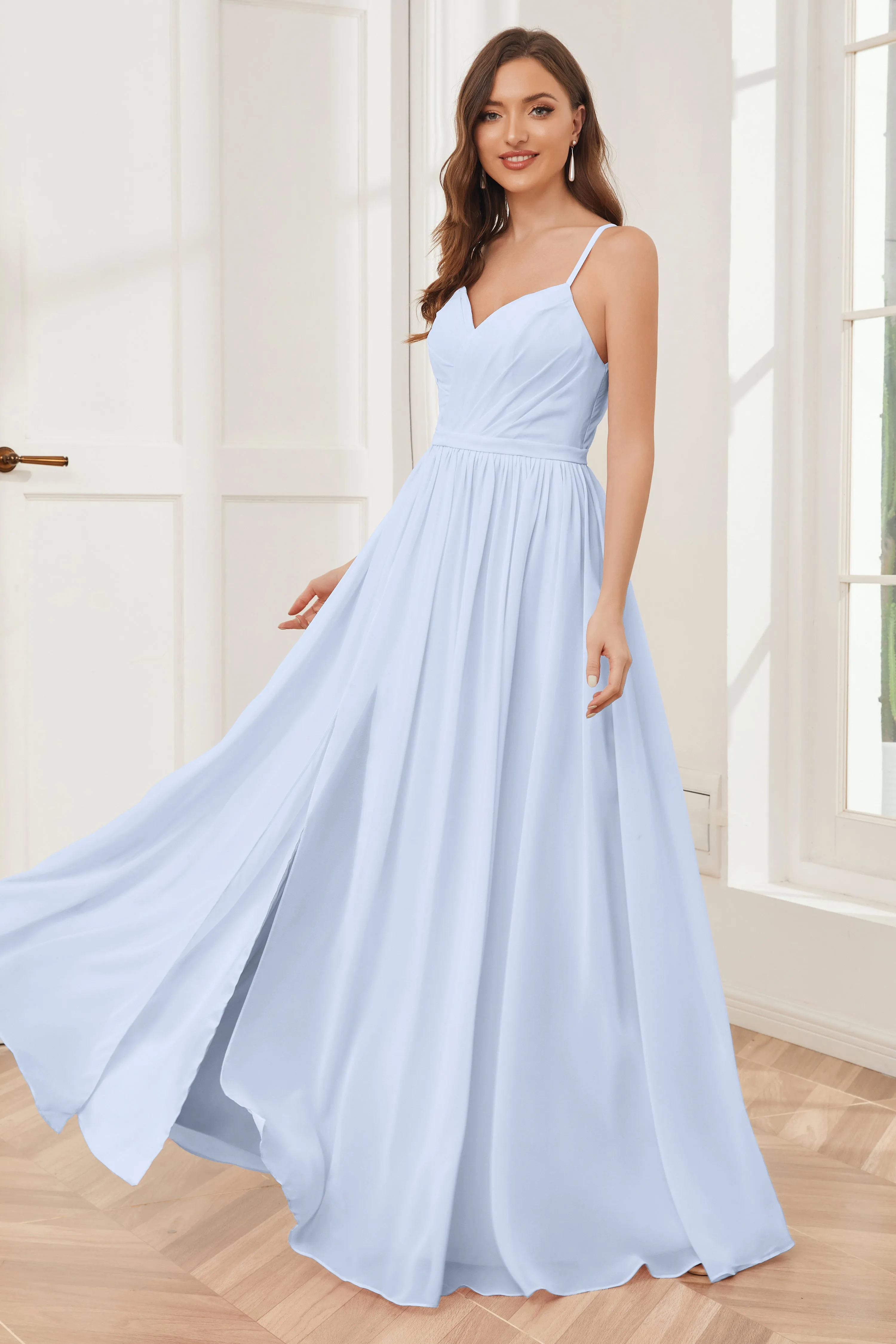 A-line Spaghetti Straps Chiffon Long Bridesmaid Dresses