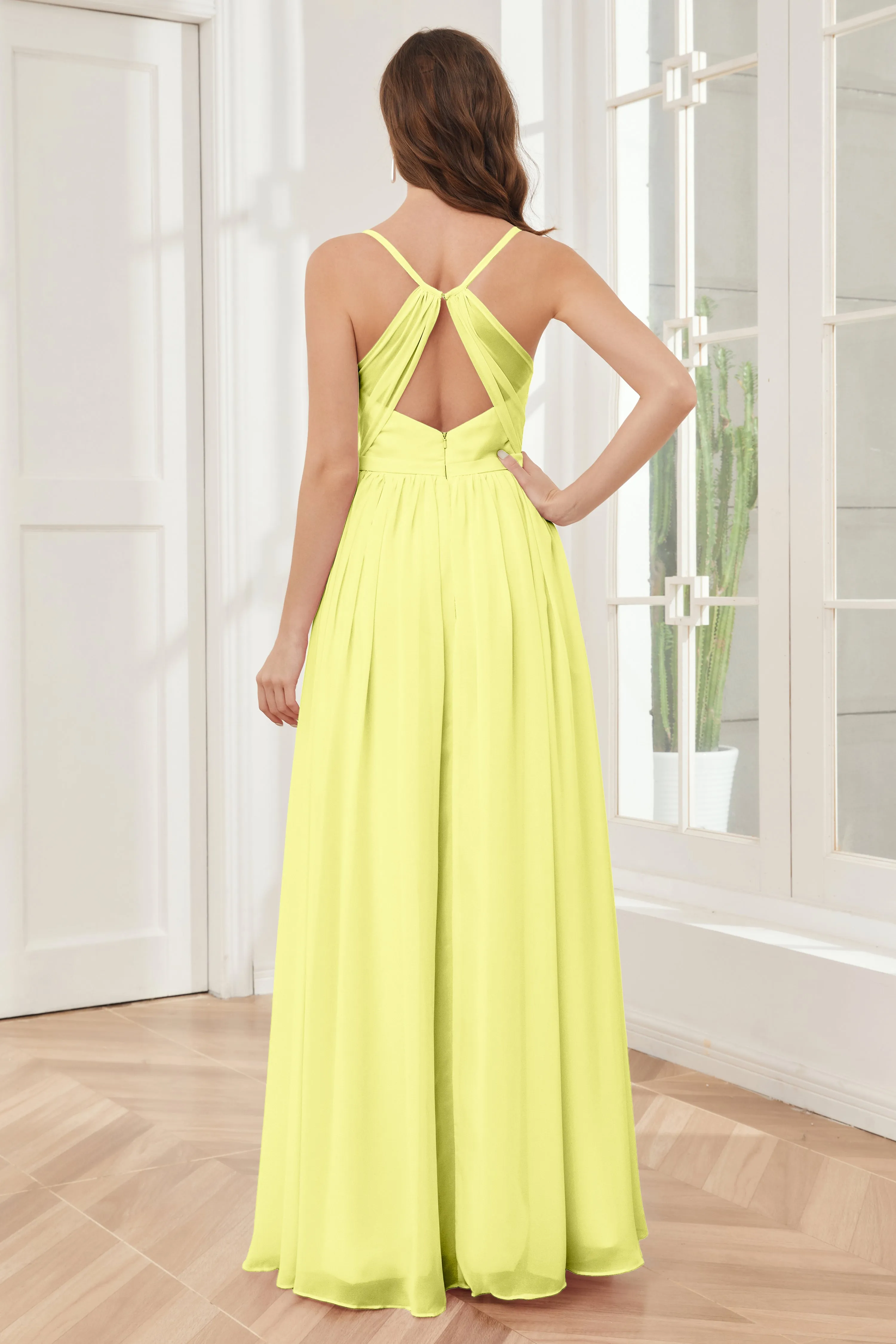 A-line Spaghetti Straps Chiffon Long Bridesmaid Dresses