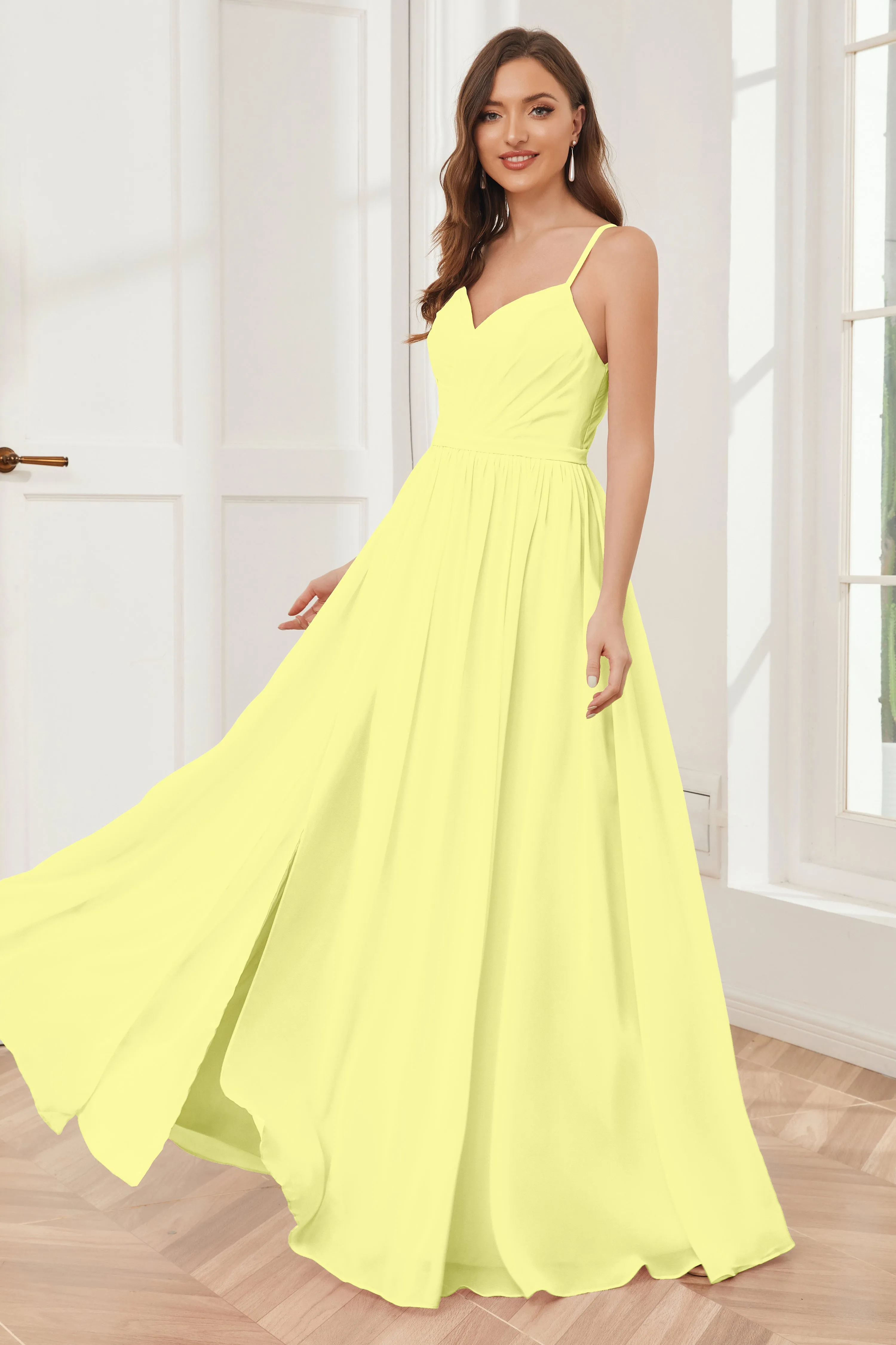 A-line Spaghetti Straps Chiffon Long Bridesmaid Dresses