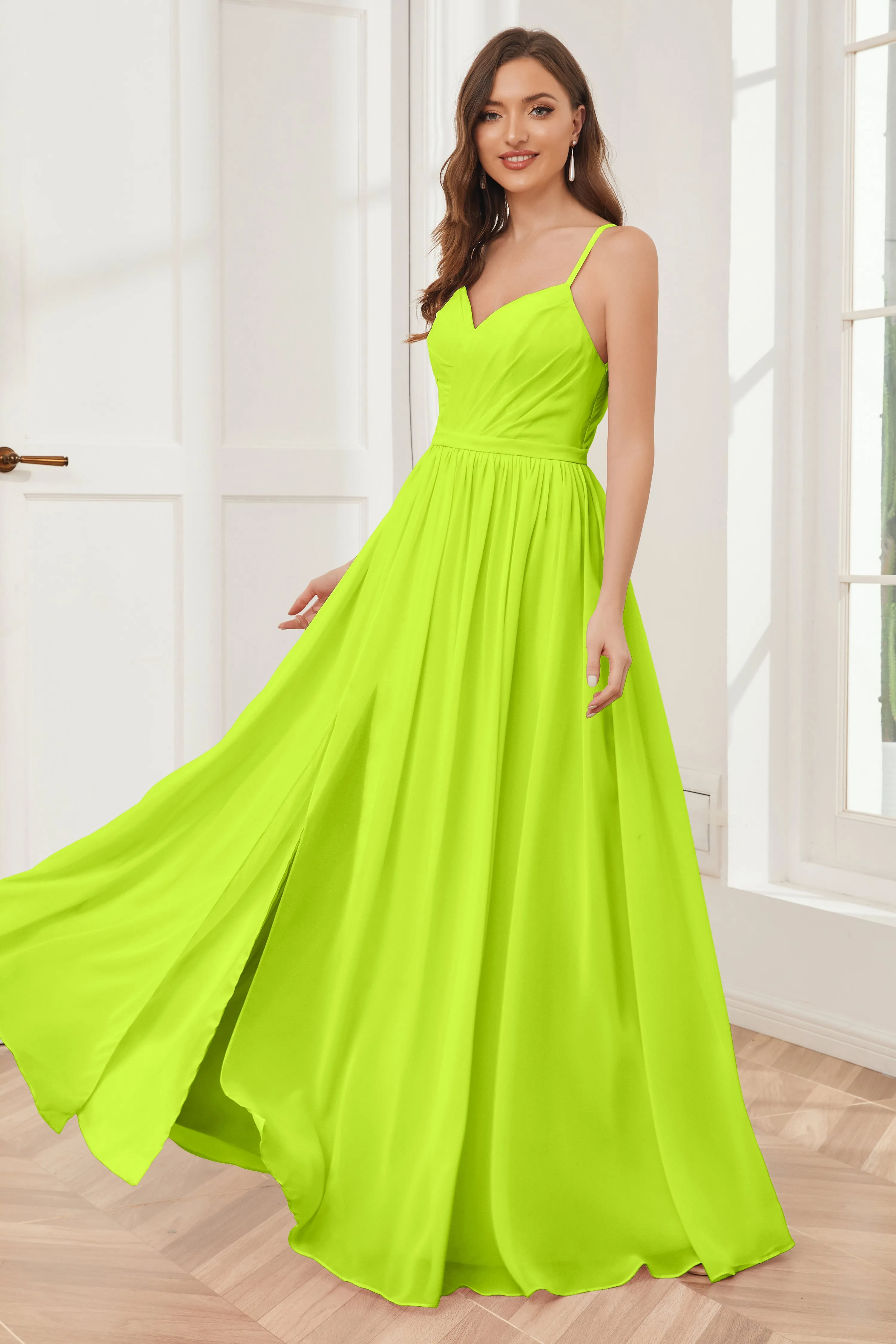 A-line Spaghetti Straps Chiffon Long Bridesmaid Dresses