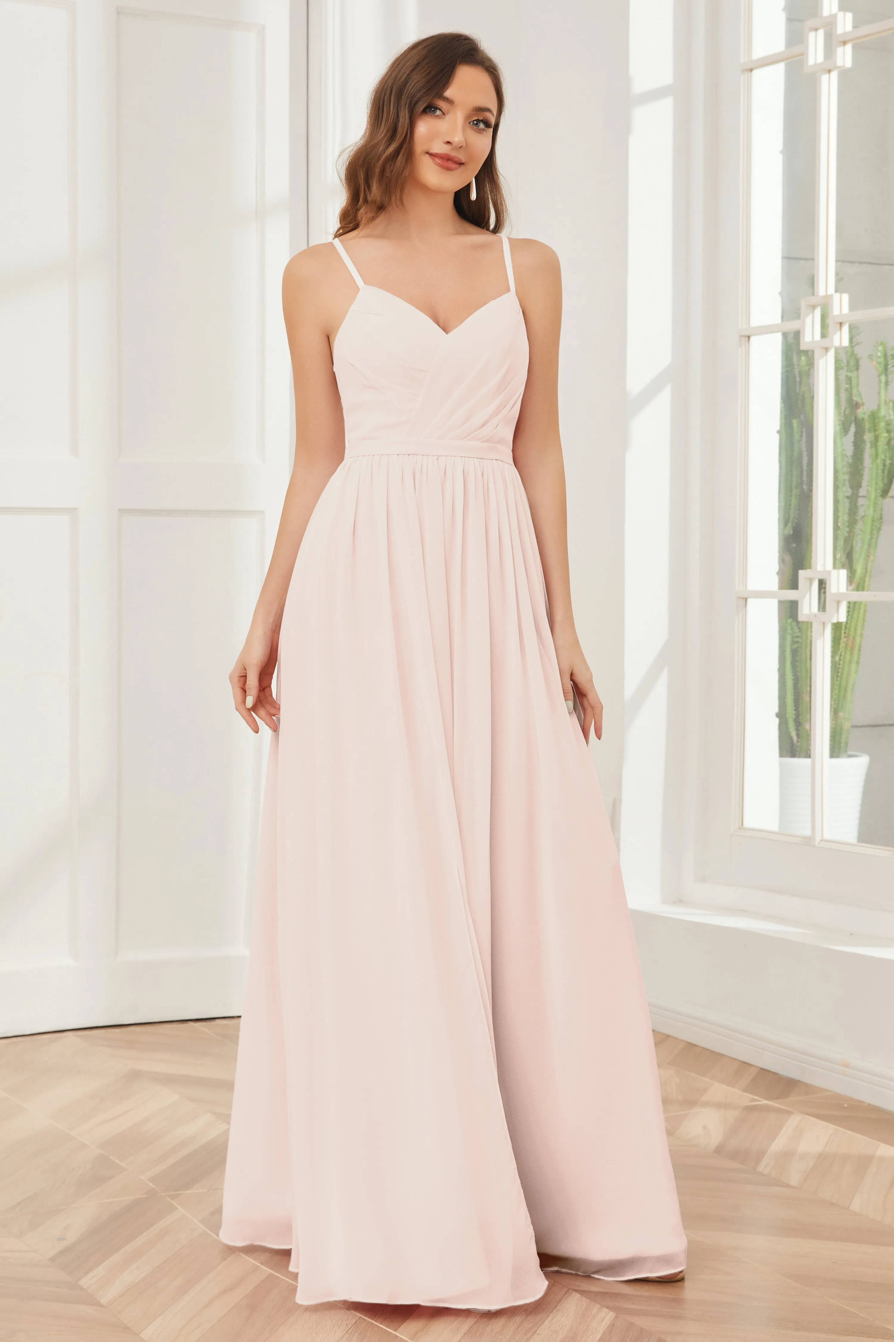 A-line Spaghetti Straps Chiffon Long Bridesmaid Dresses