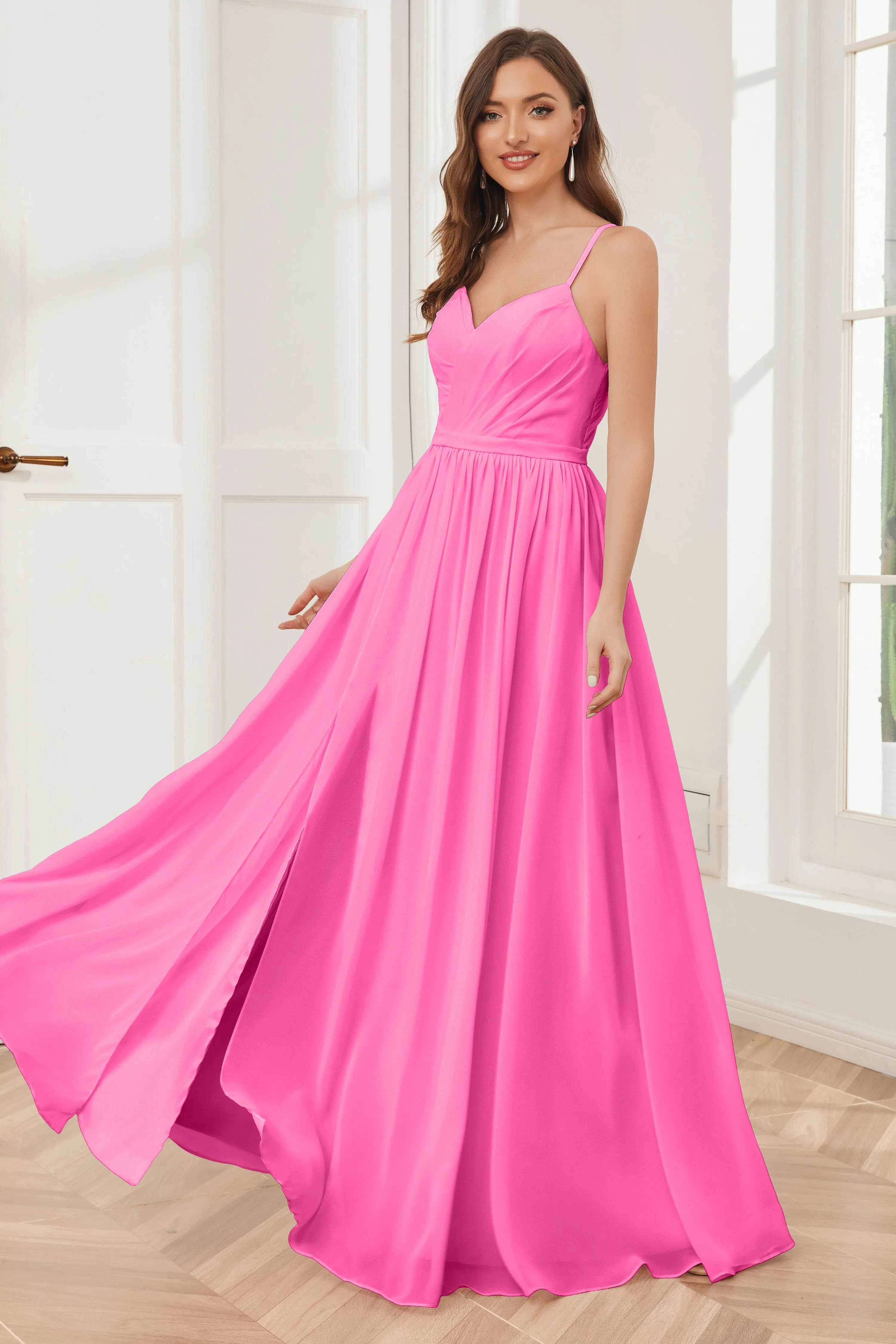 A-line Spaghetti Straps Chiffon Long Bridesmaid Dresses