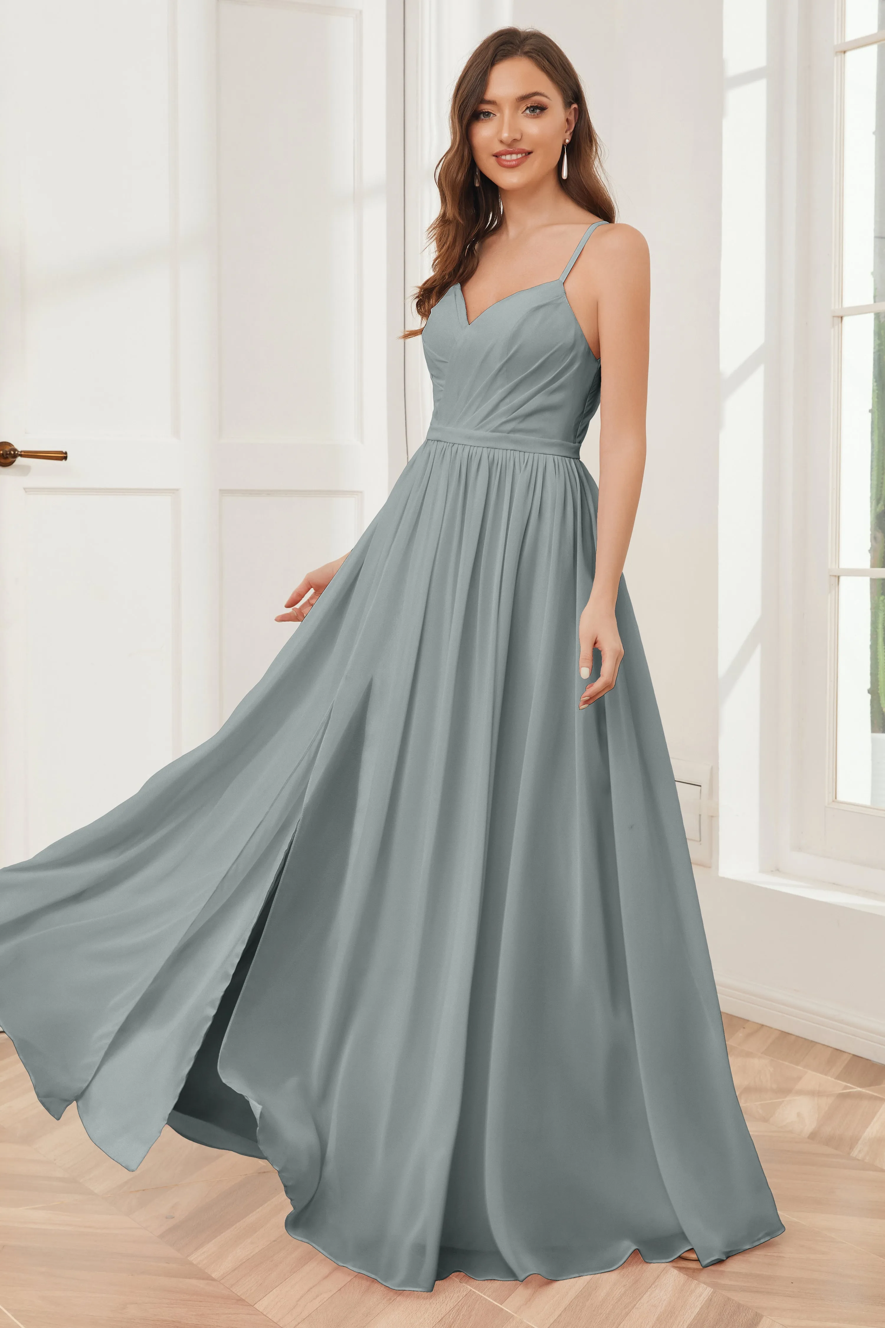 A-line Spaghetti Straps Chiffon Long Bridesmaid Dresses