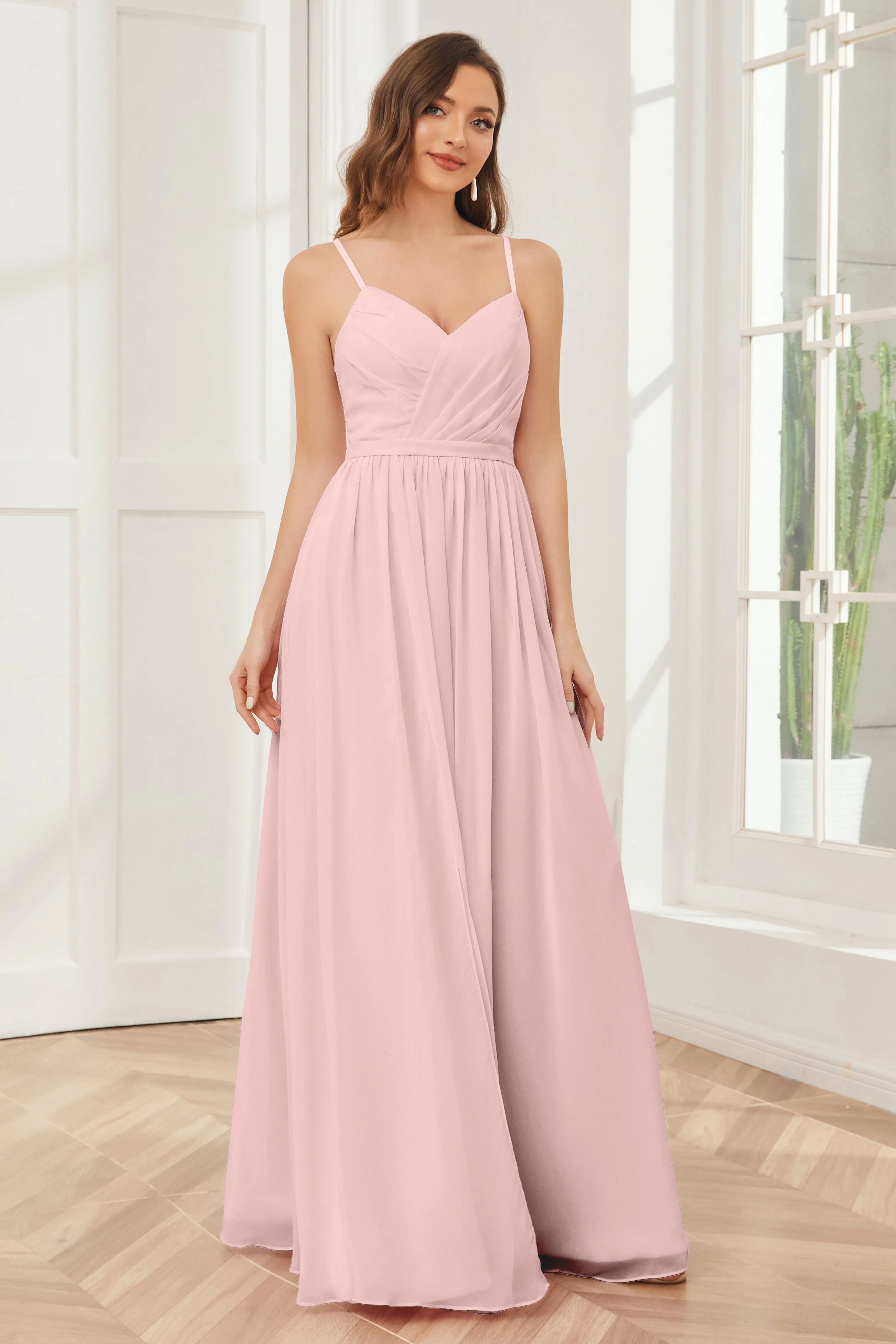 A-line Spaghetti Straps Chiffon Long Bridesmaid Dresses