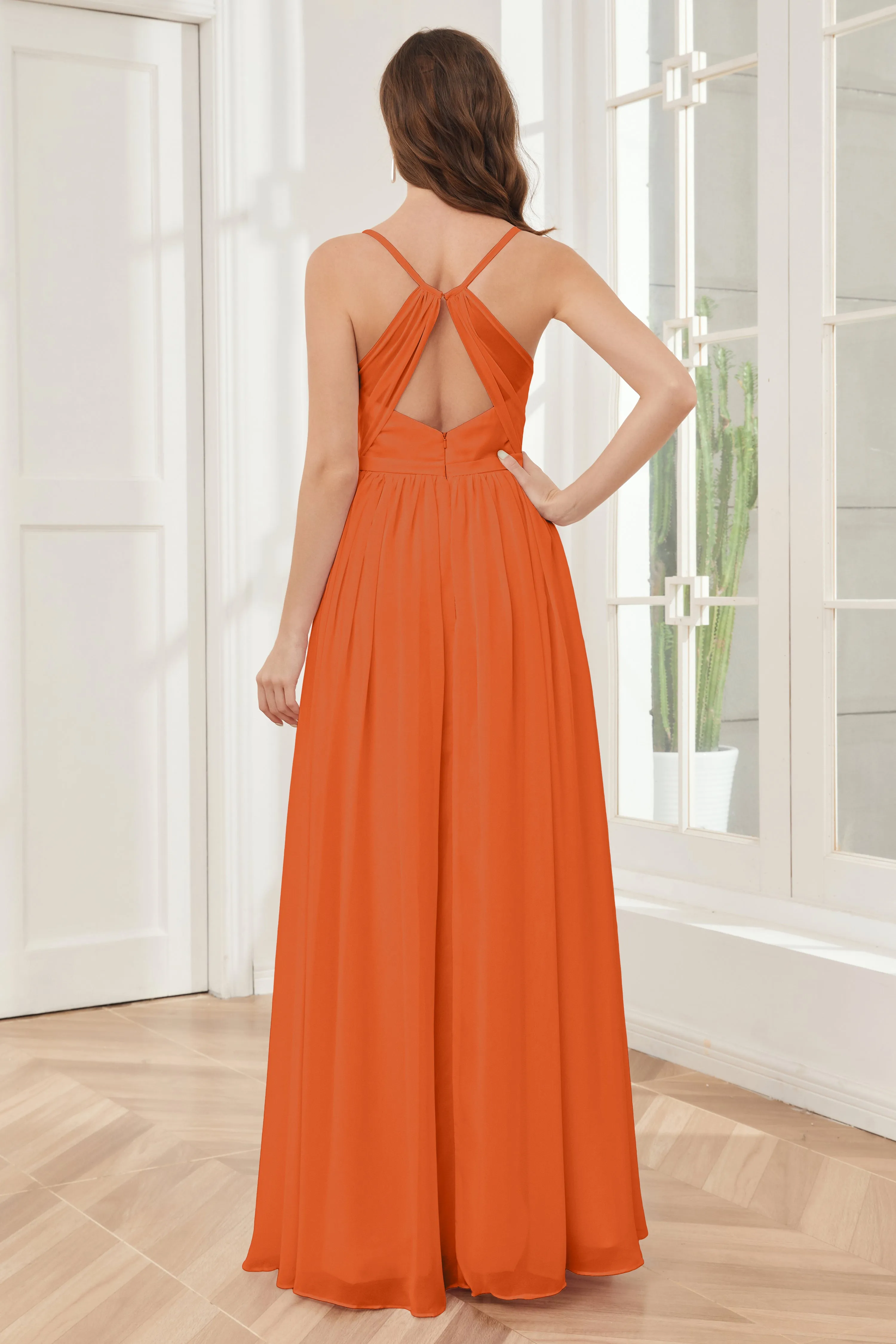 A-line Spaghetti Straps Chiffon Long Bridesmaid Dresses