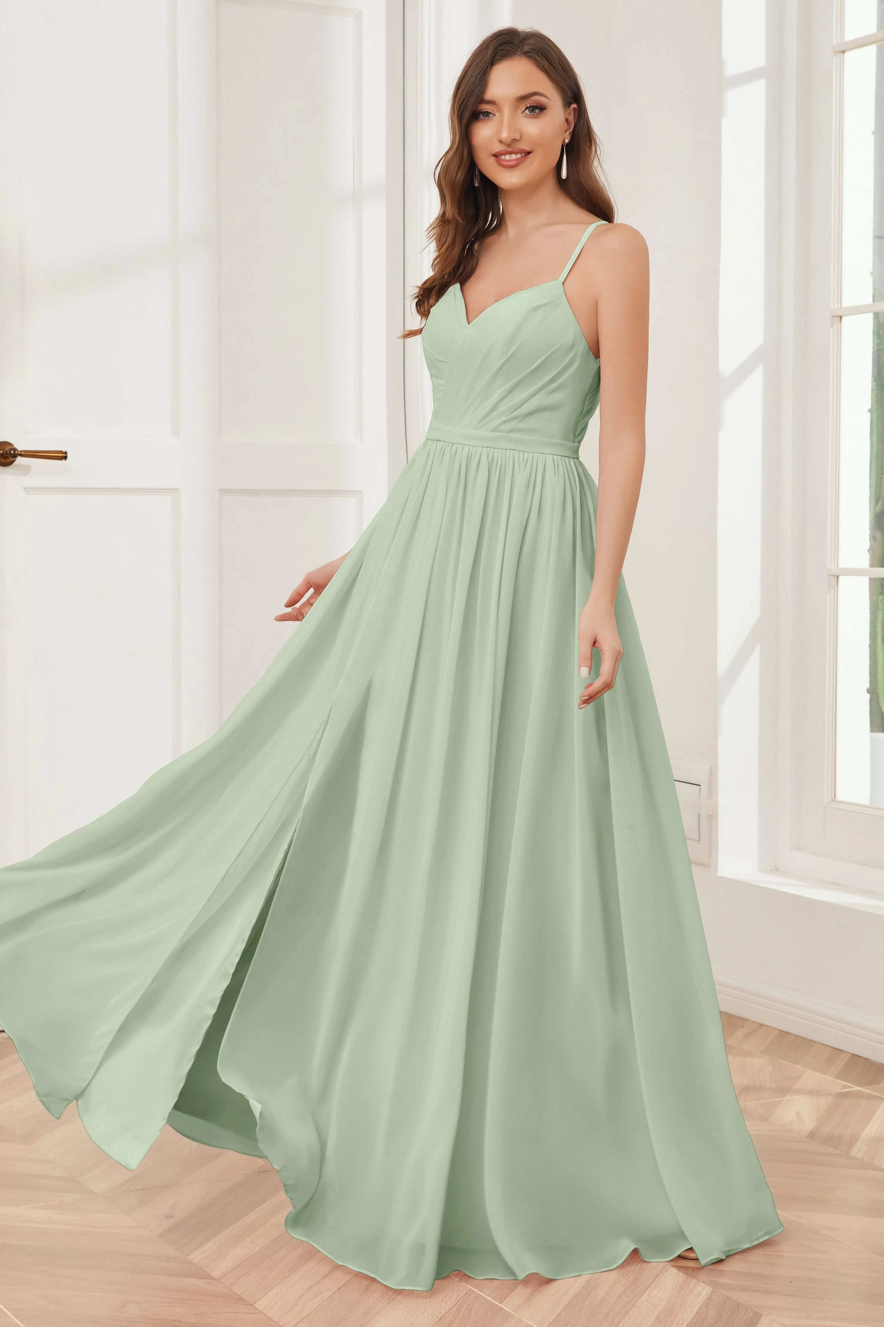 A-line Spaghetti Straps Chiffon Long Bridesmaid Dresses