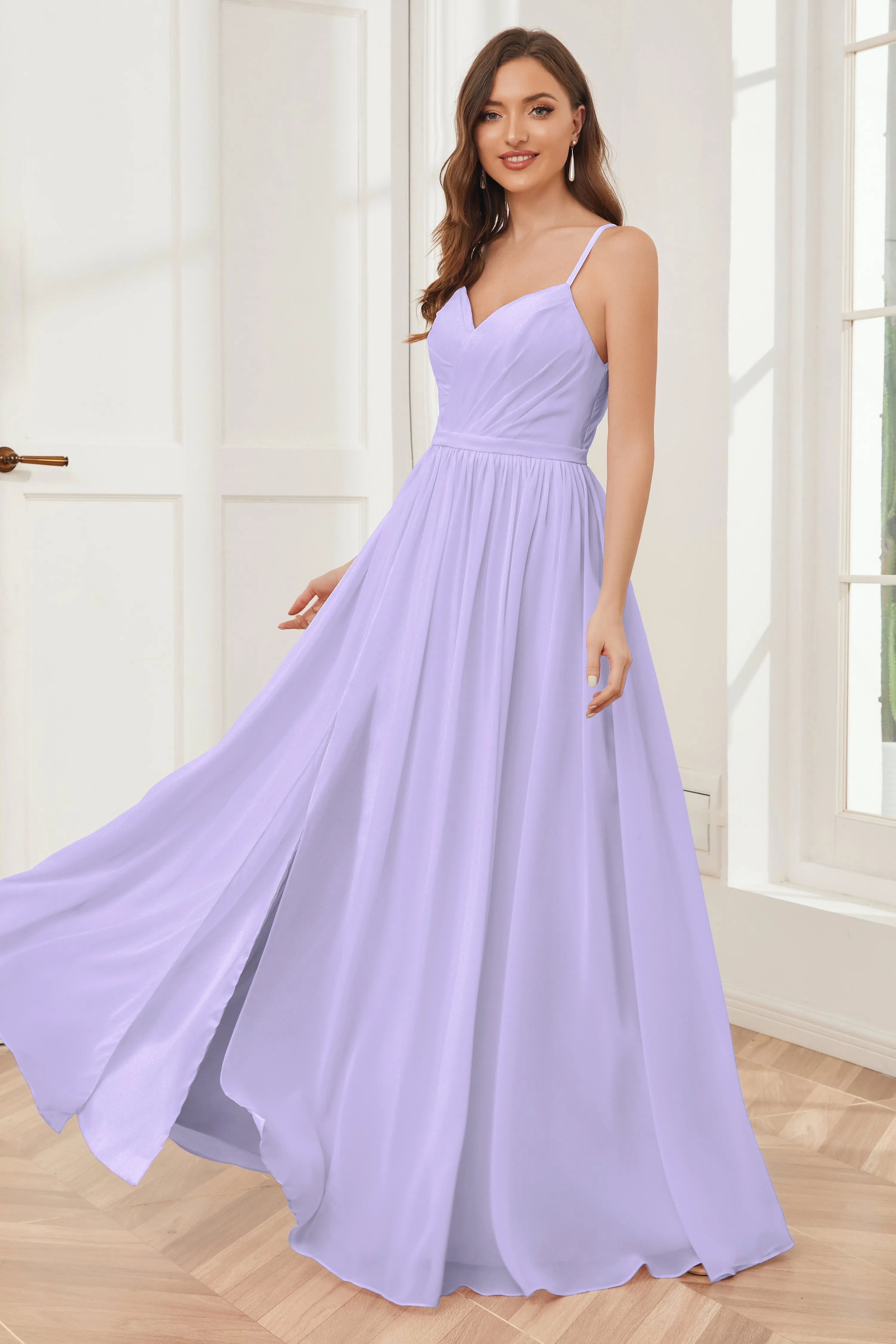 A-line Spaghetti Straps Chiffon Long Bridesmaid Dresses