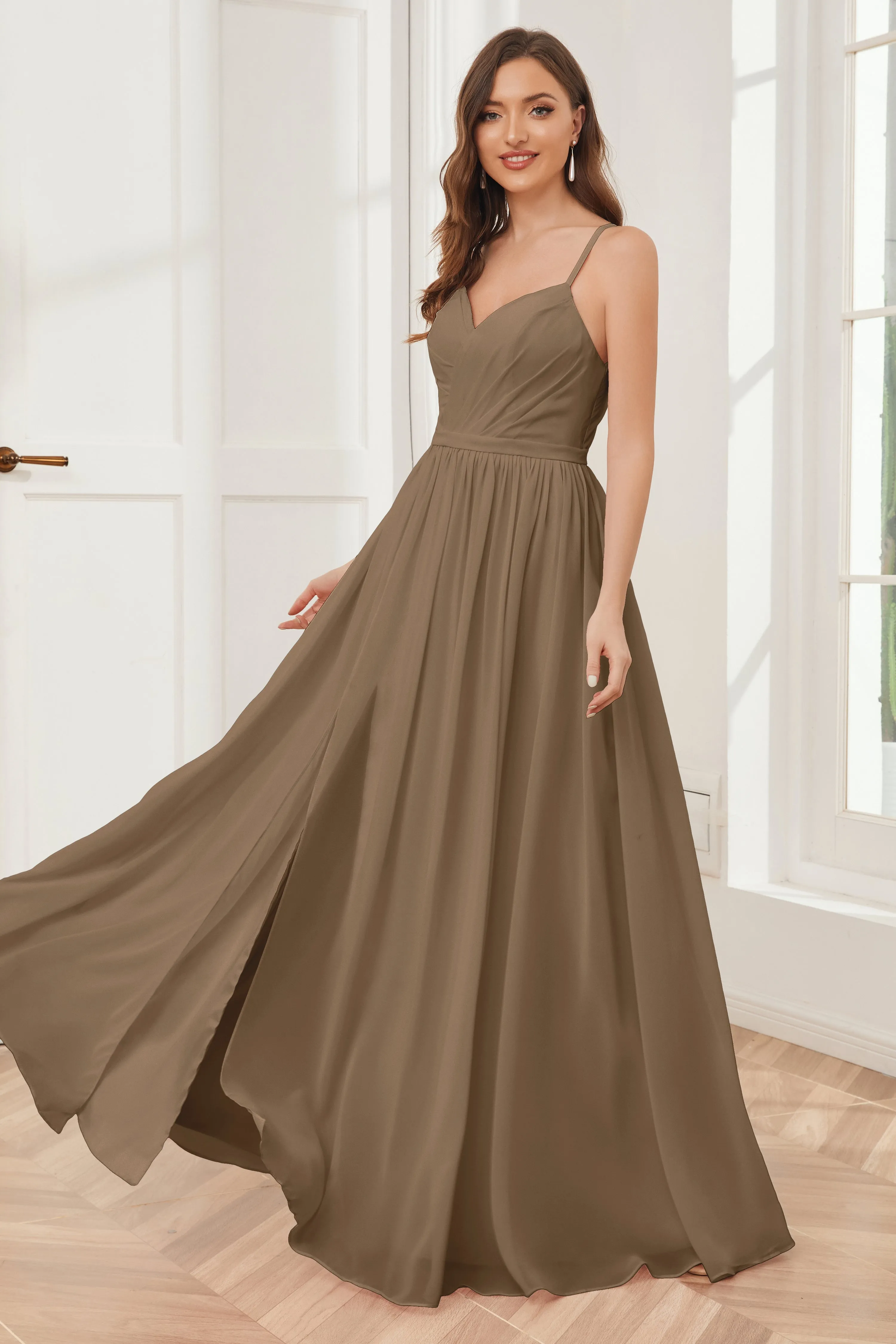 A-line Spaghetti Straps Chiffon Long Bridesmaid Dresses