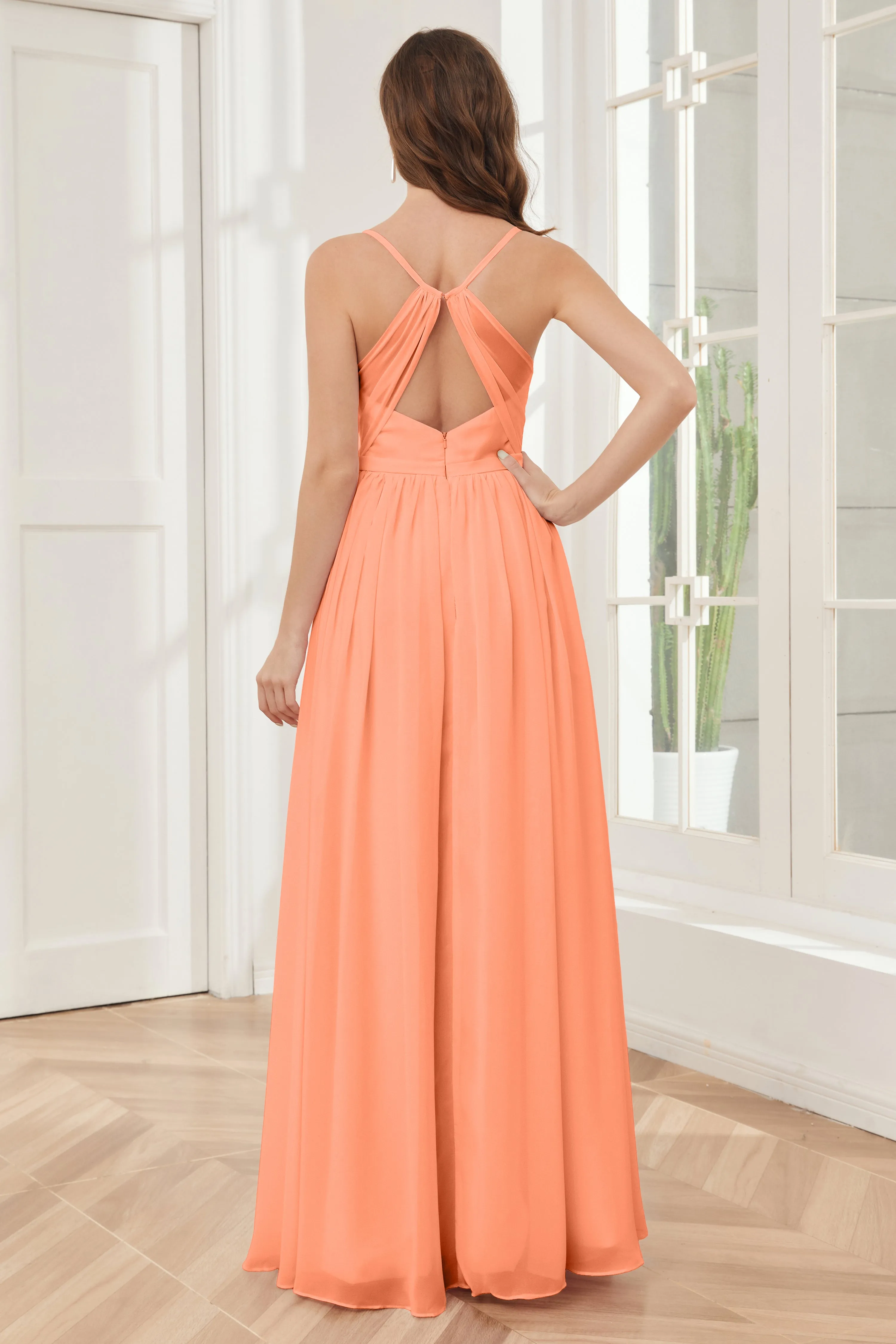 A-line Spaghetti Straps Chiffon Long Bridesmaid Dresses