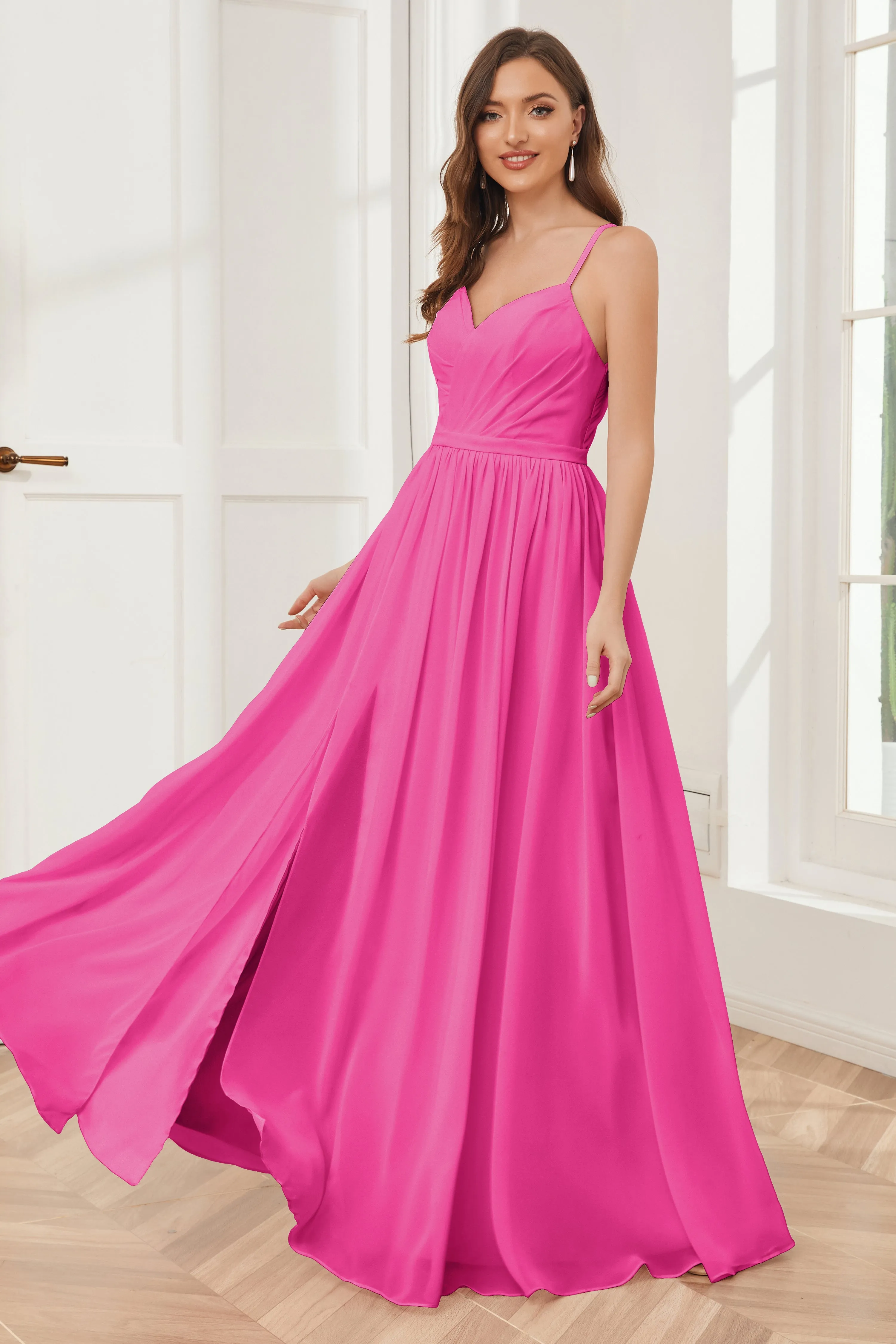 A-line Spaghetti Straps Chiffon Long Bridesmaid Dresses