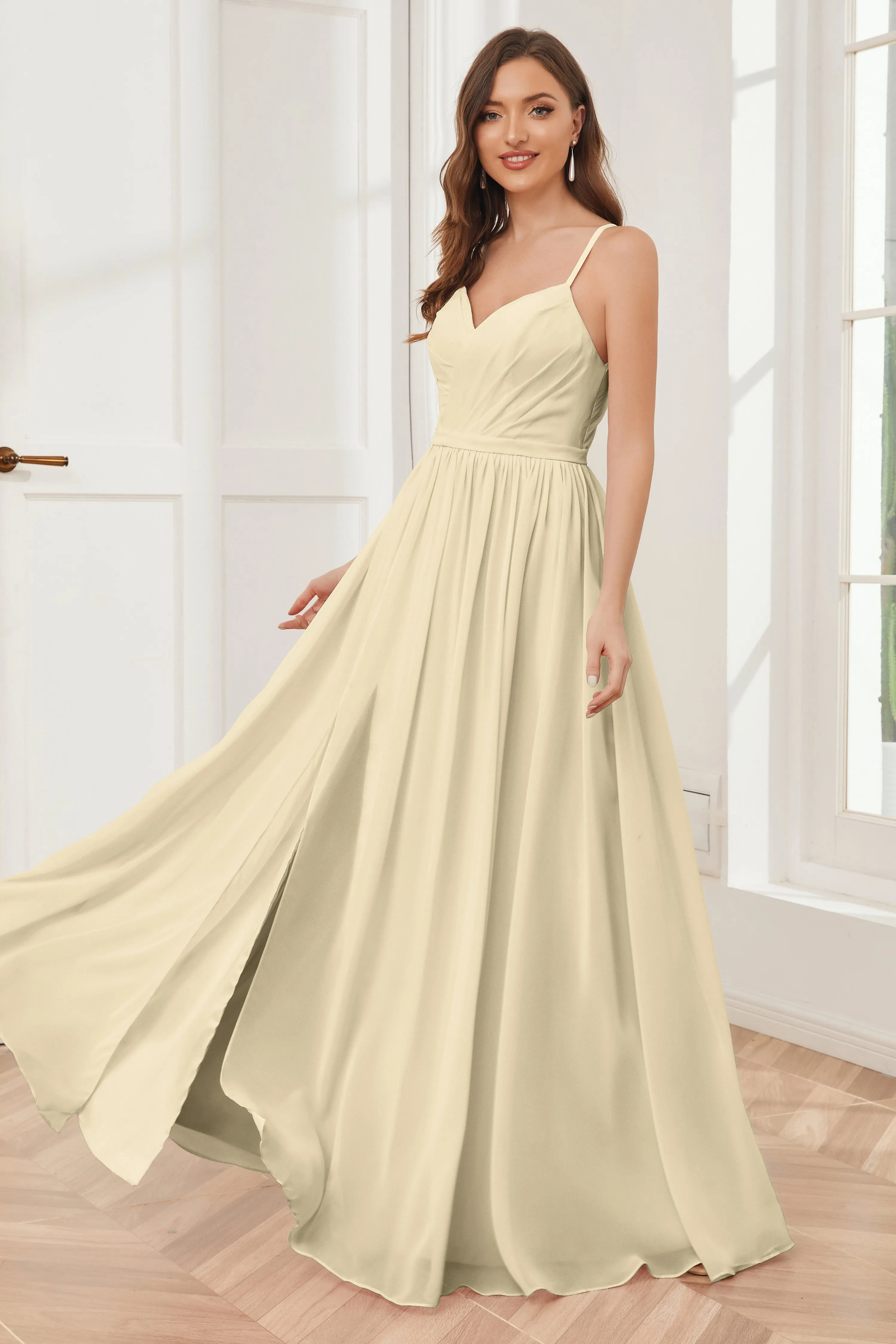 A-line Spaghetti Straps Chiffon Long Bridesmaid Dresses