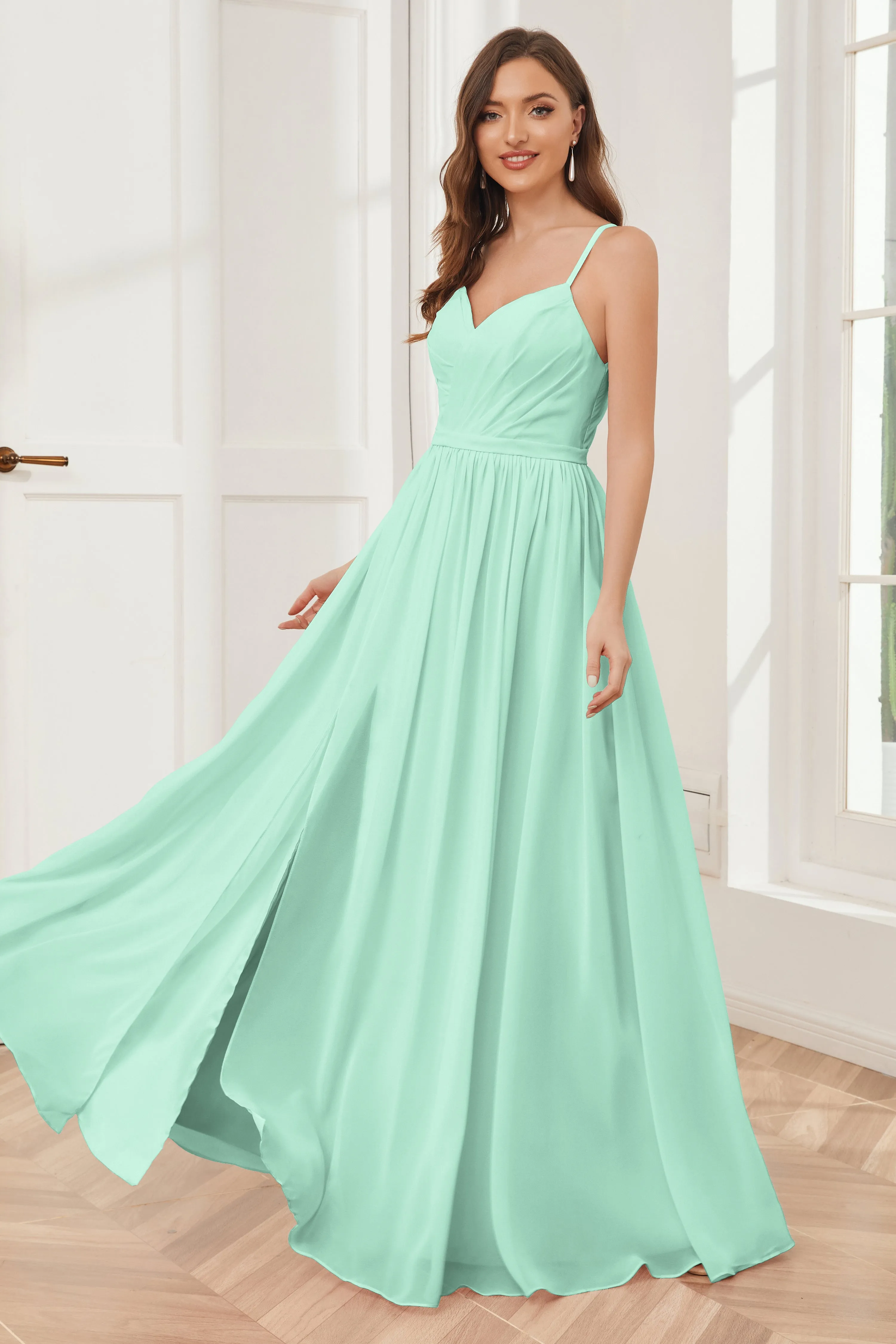 A-line Spaghetti Straps Chiffon Long Bridesmaid Dresses