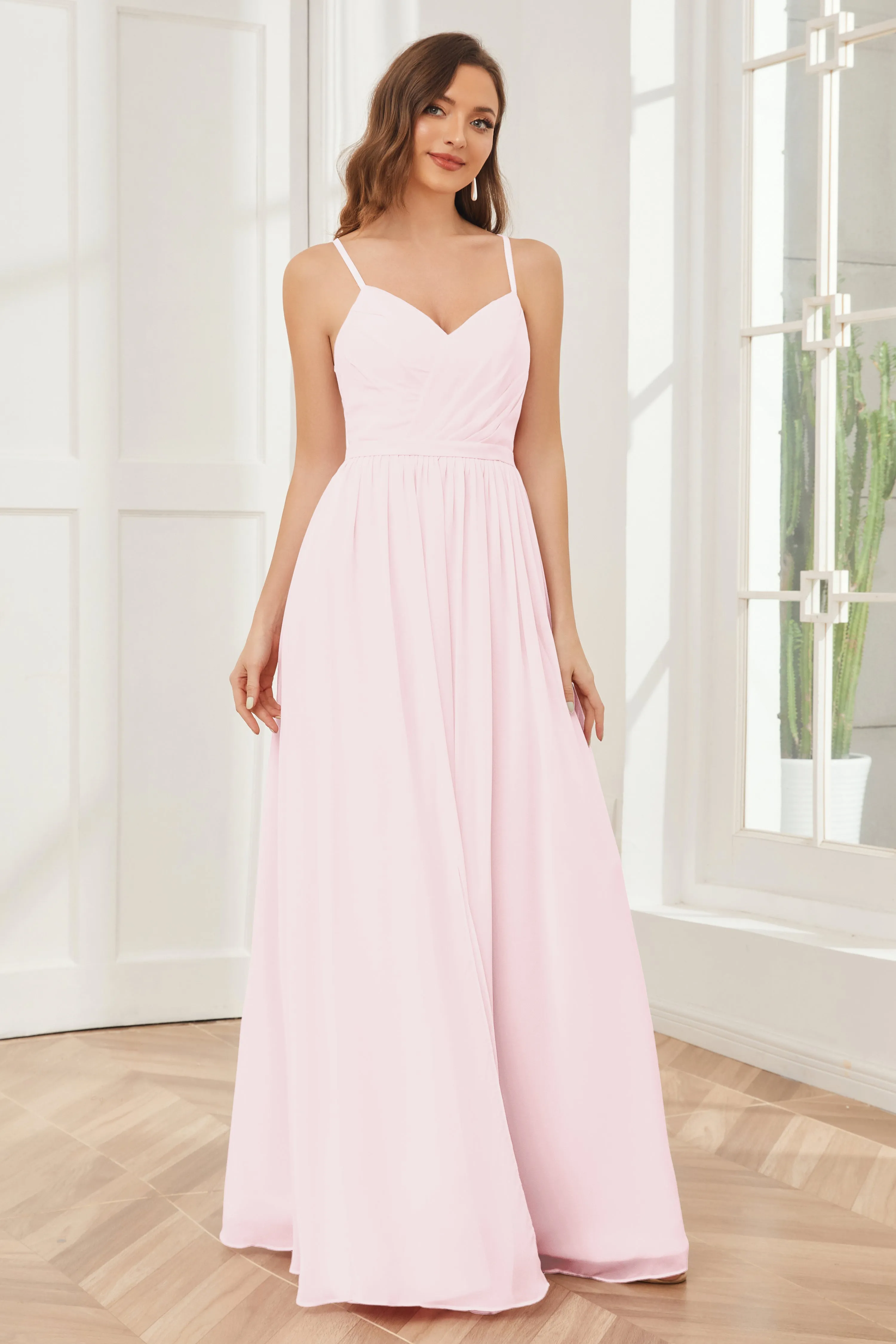 A-line Spaghetti Straps Chiffon Long Bridesmaid Dresses