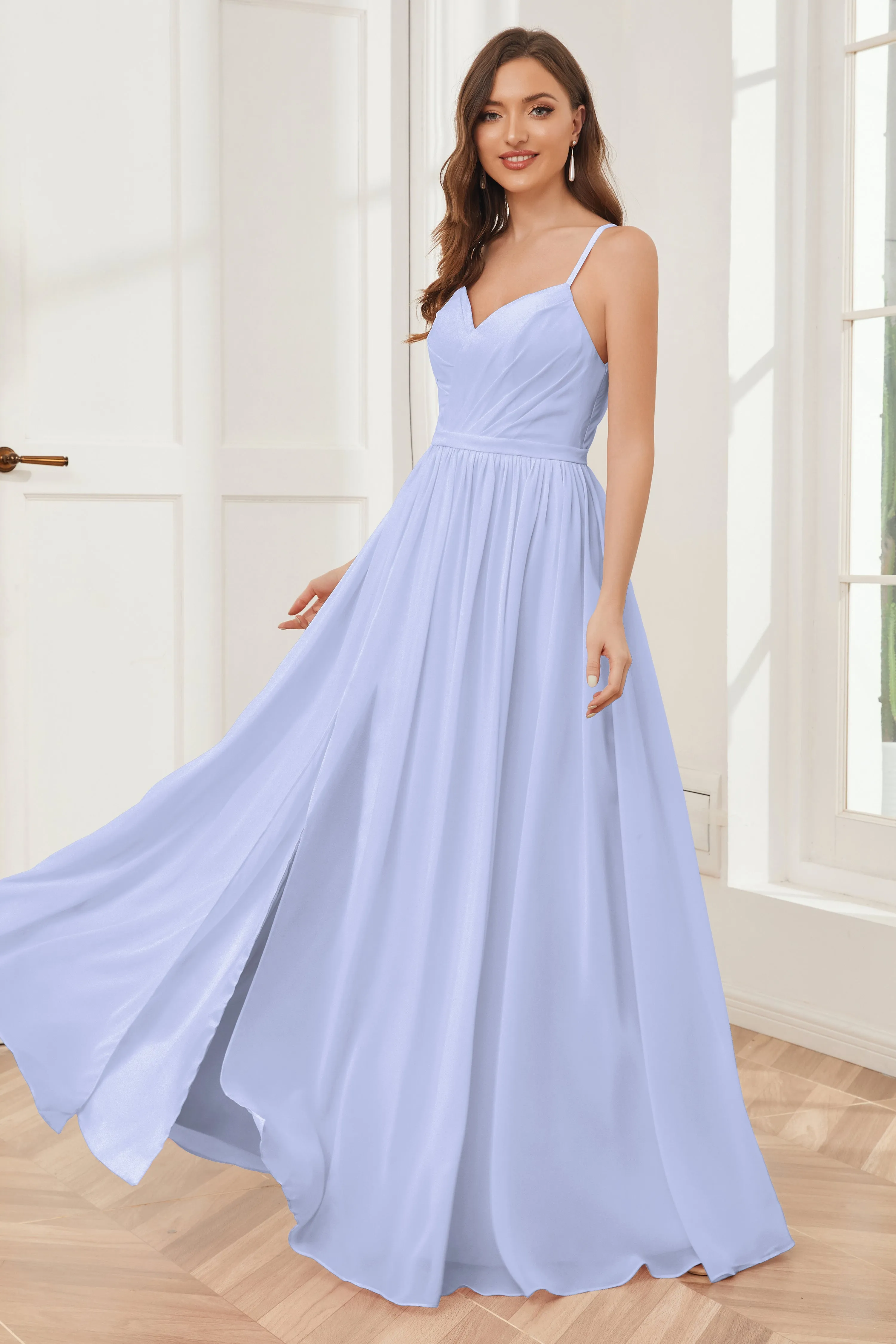 A-line Spaghetti Straps Chiffon Long Bridesmaid Dresses